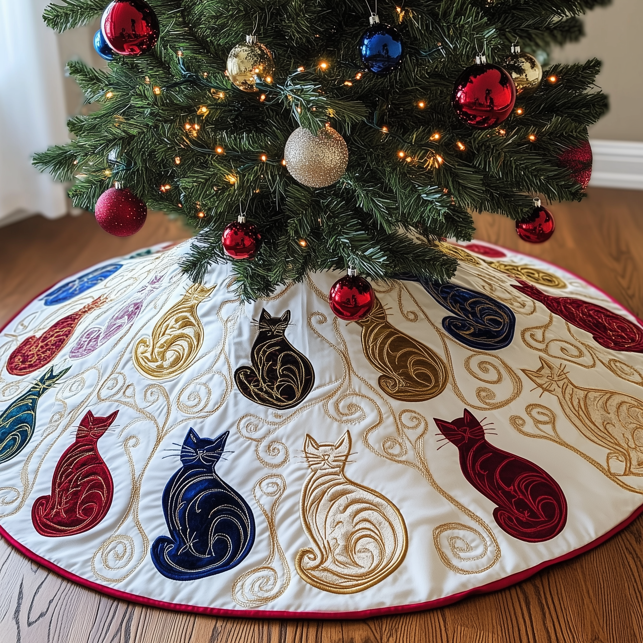 Swirl Cat Quilted Tree Skirt  Holiday Tree Skirt Xmas Decorations Cat Christmas Gifts For Her