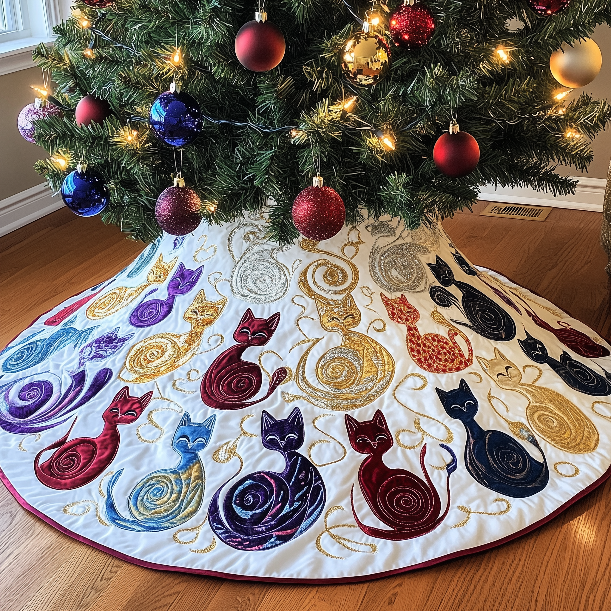 Swirl Cat Quilted Tree Skirt Lovely Gift Merch For Couples
