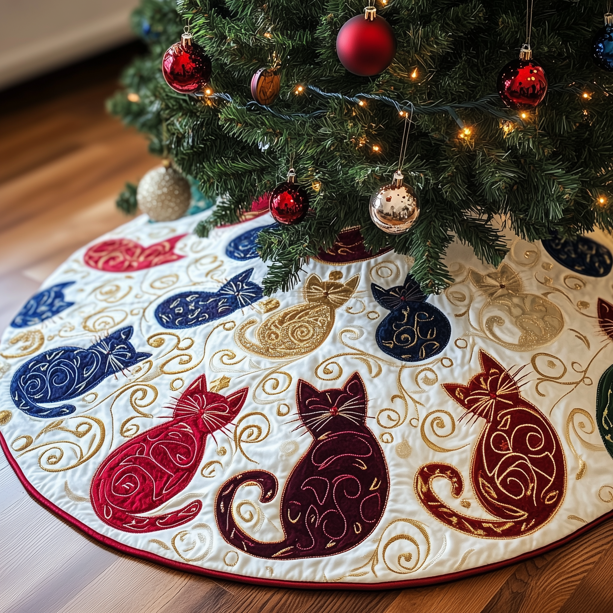 Swirl Cat Quilted Tree Skirt Perfect Gift Merch For Her