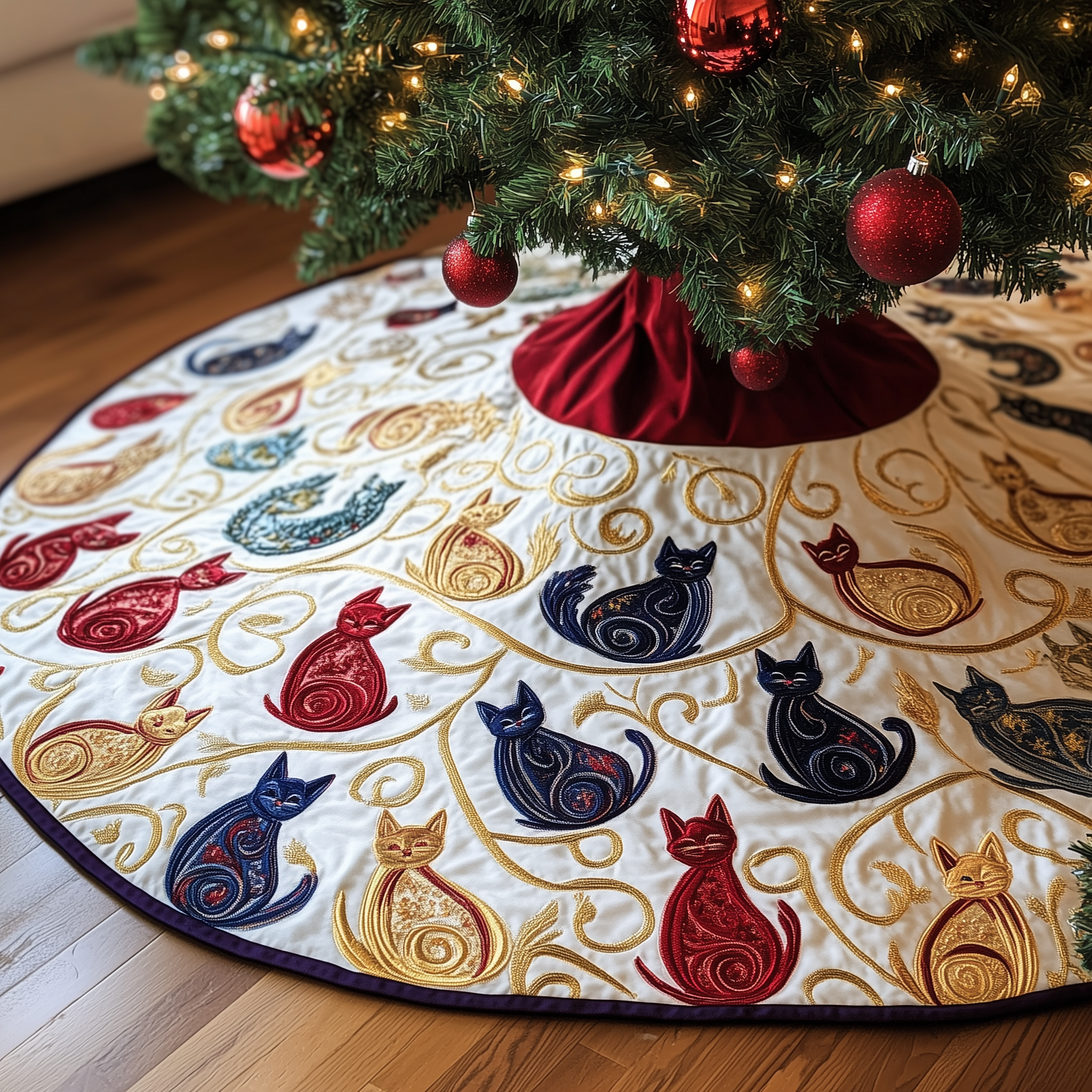 Swirl Cat Quilted Tree Skirt Warm Gift Merch For Family