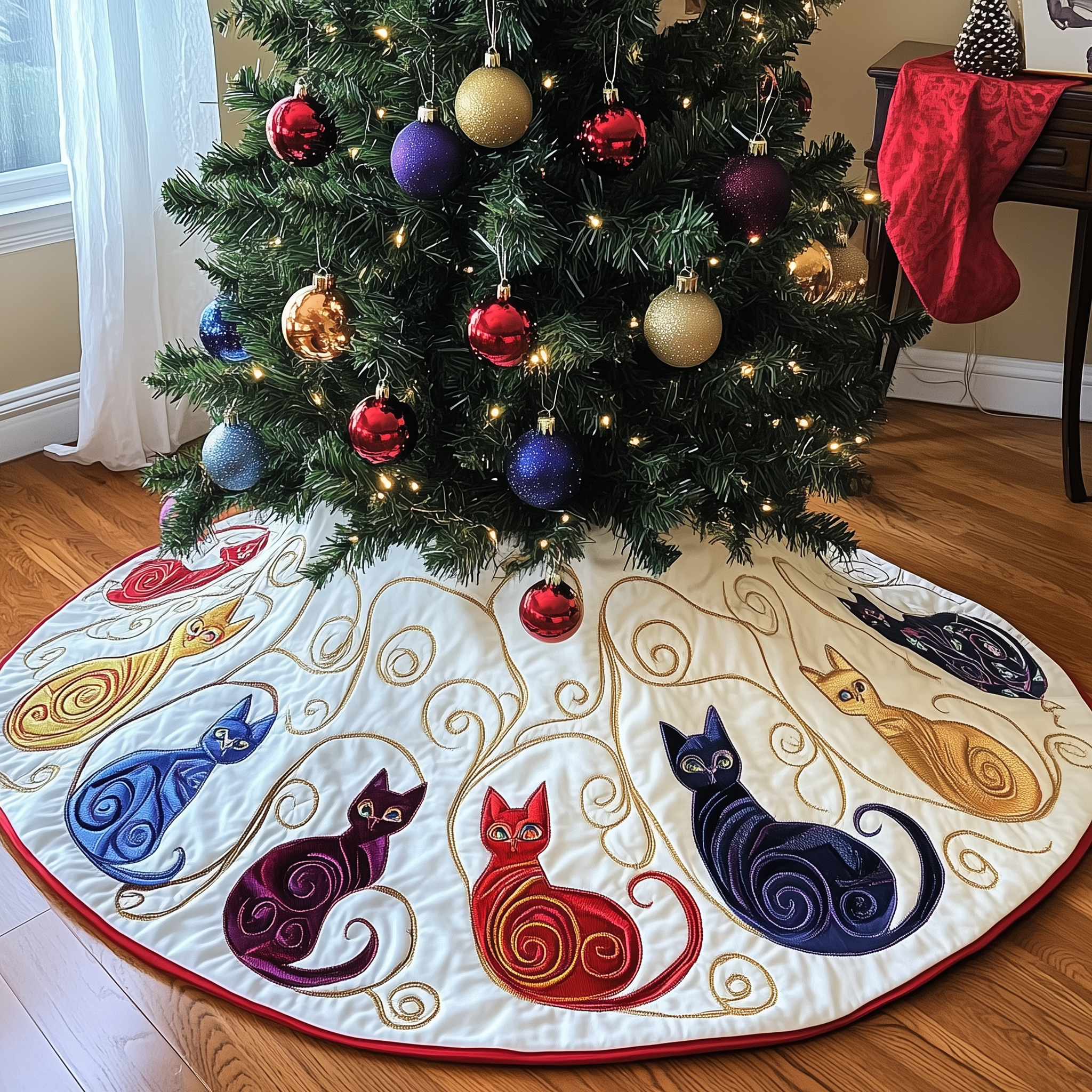 Swirl Cat Quilted Tree Skirt Xmas Tree Base Cover Decorations Cat Owner Gifts For Christmas