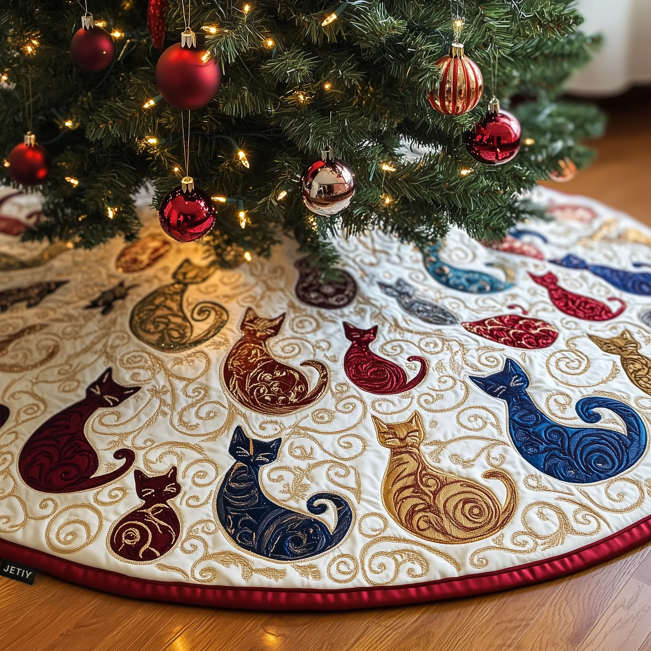 Swirl Cat Quilted Tree Skirt Xmas Tree Base Cover Decorations Cat Owner Gifts For Christmas