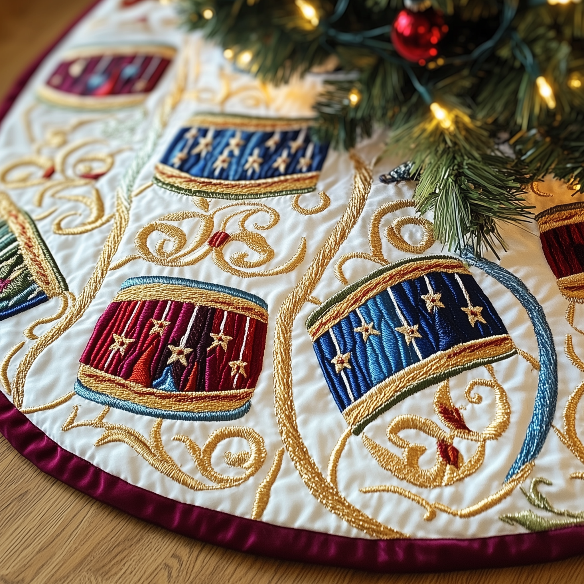 Swirl Drum Christmas Quilted Tree Skirt Cozy Home Decor Gift Merch