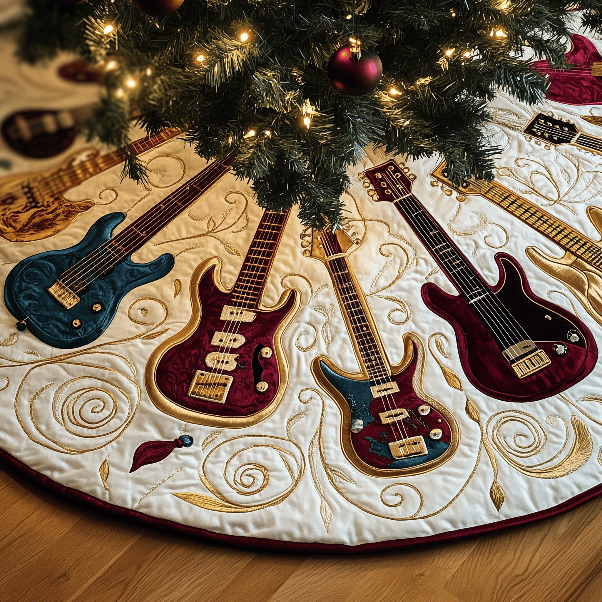 Swirls Guitar Quilted Tree Skirt Best Tree Skirts Indoor Decorations Christmas Gift For Guitar Teacher