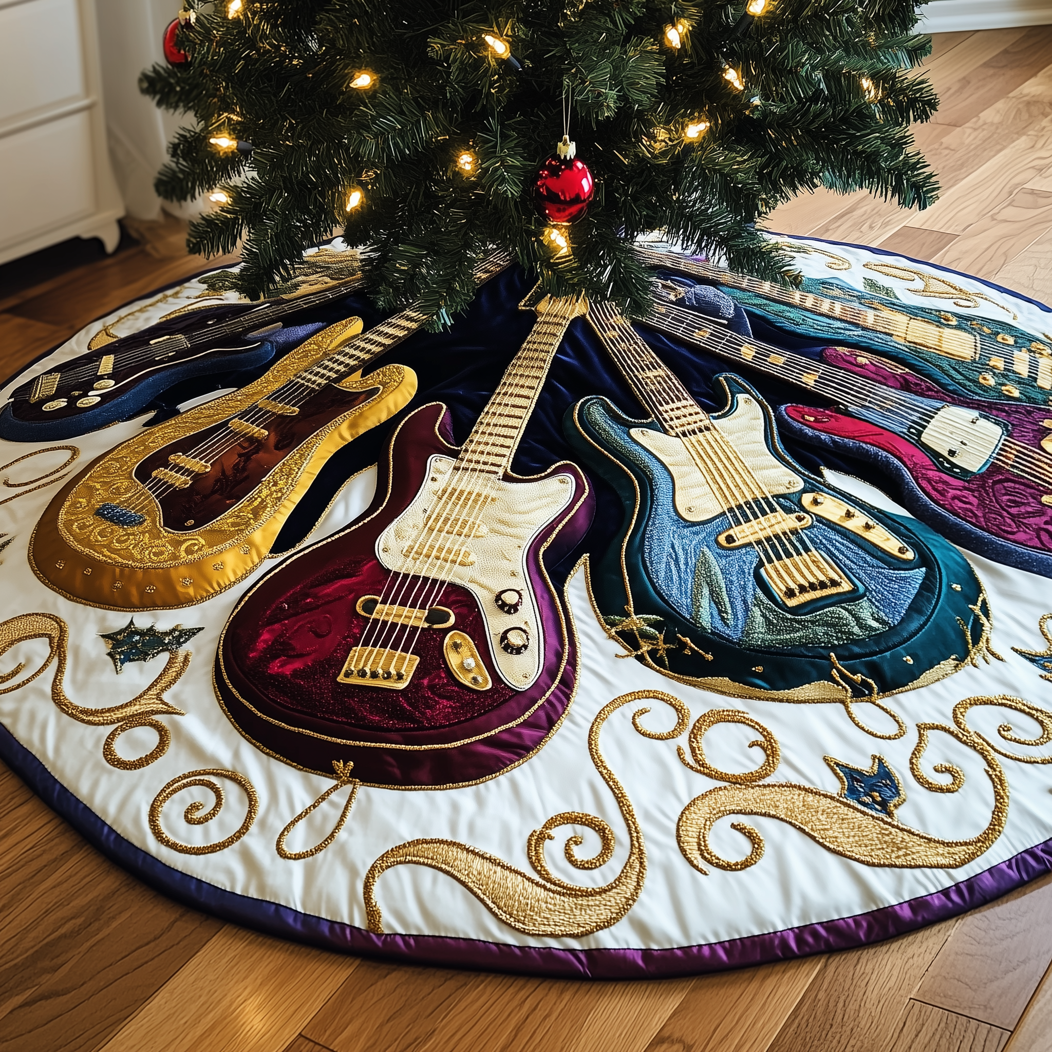 Swirls Guitar Quilted Tree Skirt Elegant Christmas Tree Decor Merch