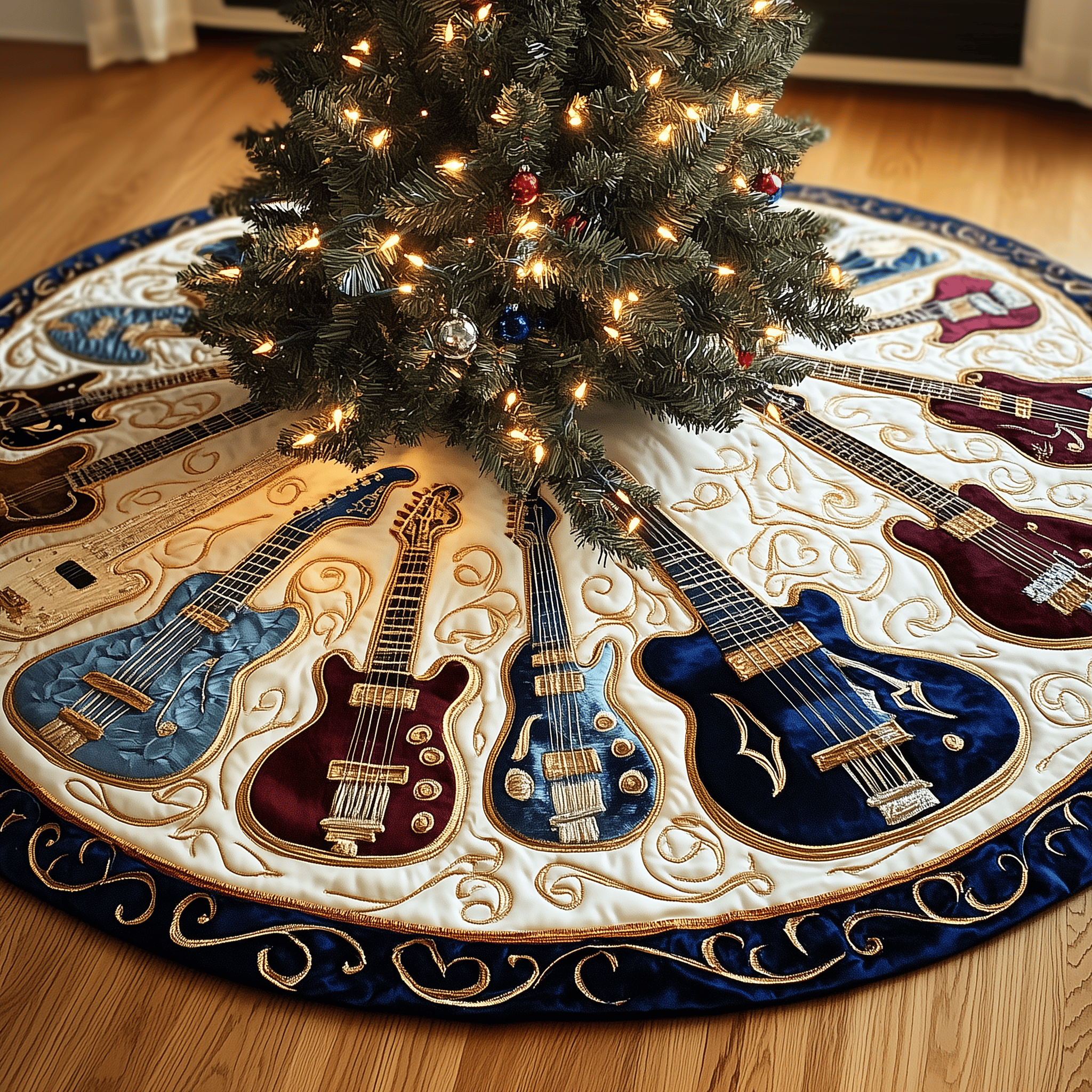 Swirls Guitar Quilted Tree Skirt Holiday Tree Skirt Xmas Decorations Best Christmas Gifts For Guitar Players