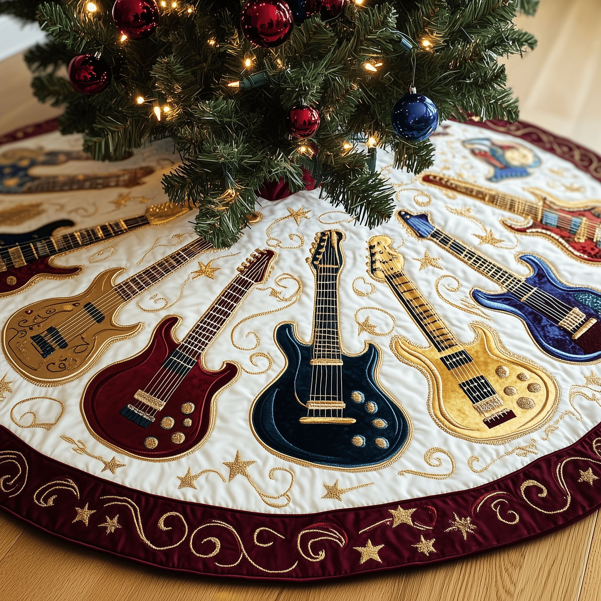 Swirls Guitar Quilted Tree Skirt Holiday Tree Skirt Xmas Decorations Best Christmas Gifts For Guitar Players