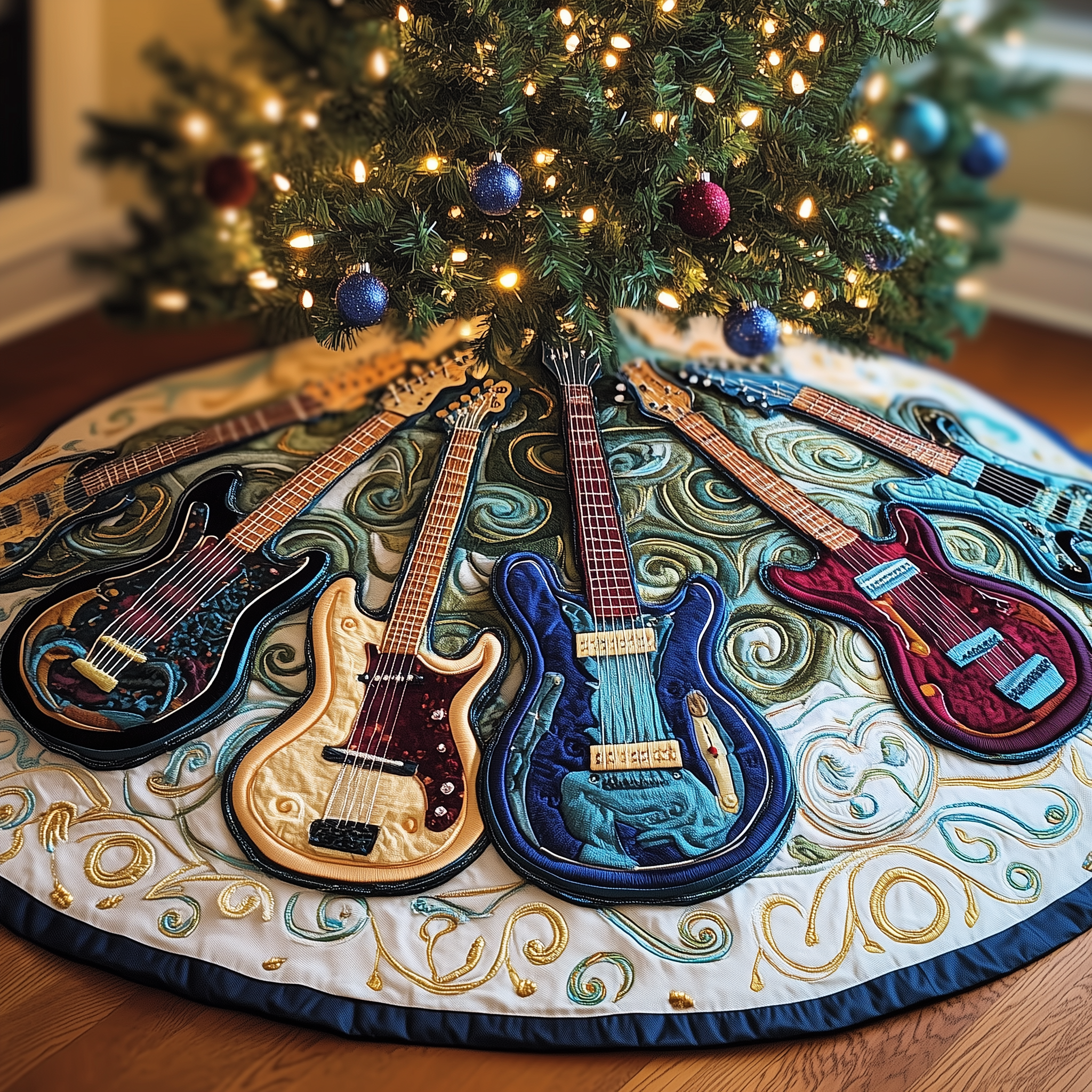 Swirls Guitar Quilted Tree Skirt Holiday Tree Skirt Xmas Decorations Best Christmas Gifts For Guitar Players