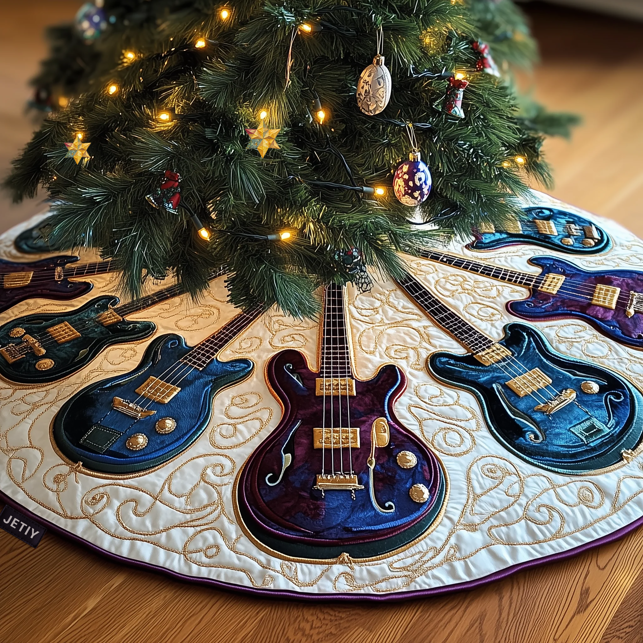 Swirls Guitar Quilted Tree Skirt Stylish Holiday Decor Gift Merch