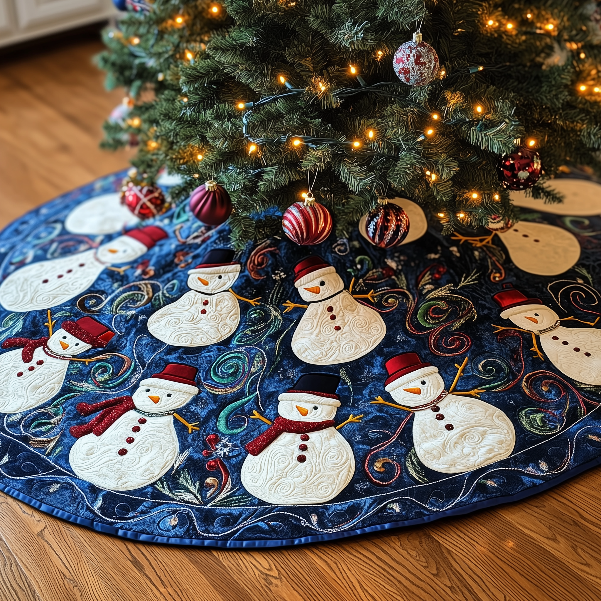 Swirls Snowmen Quilted Tree Skirt Beautiful Christmas Tree Skirt Merch