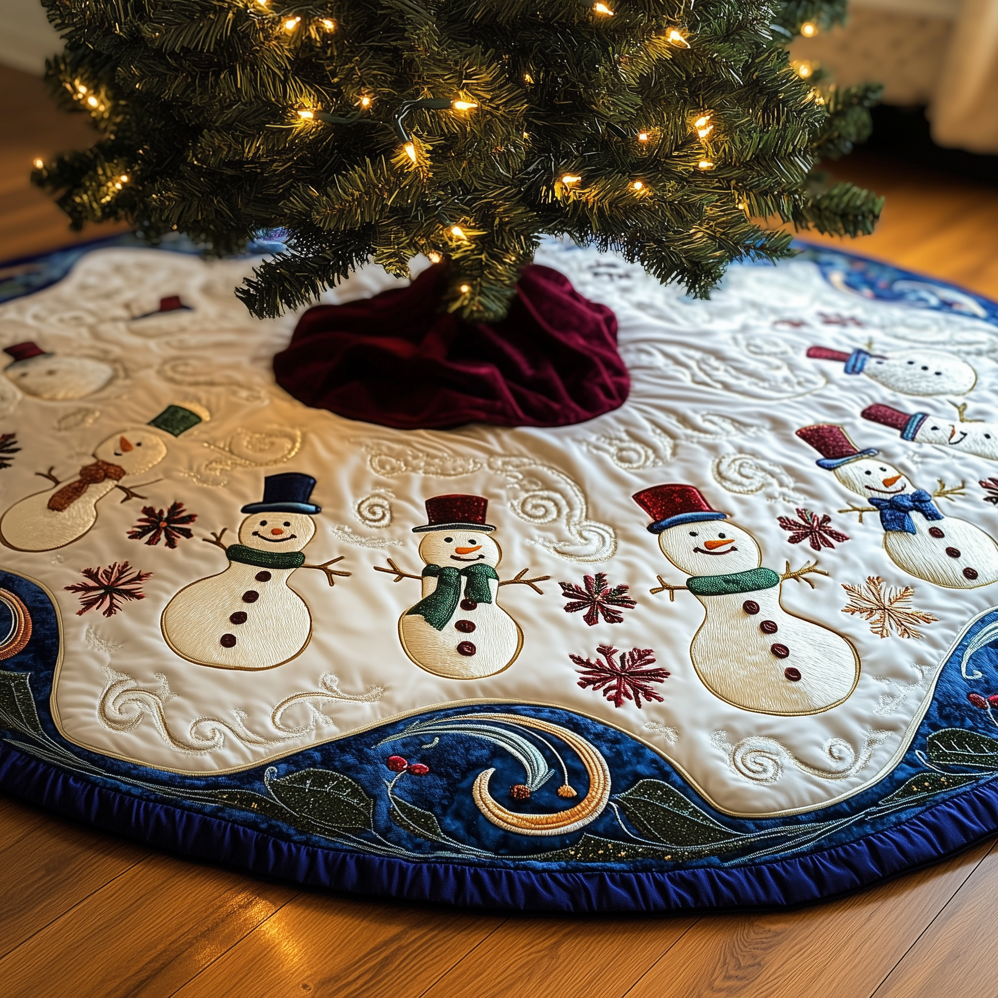 Swirls Snowmen Quilted Tree Skirt Best New Year Gift Merch