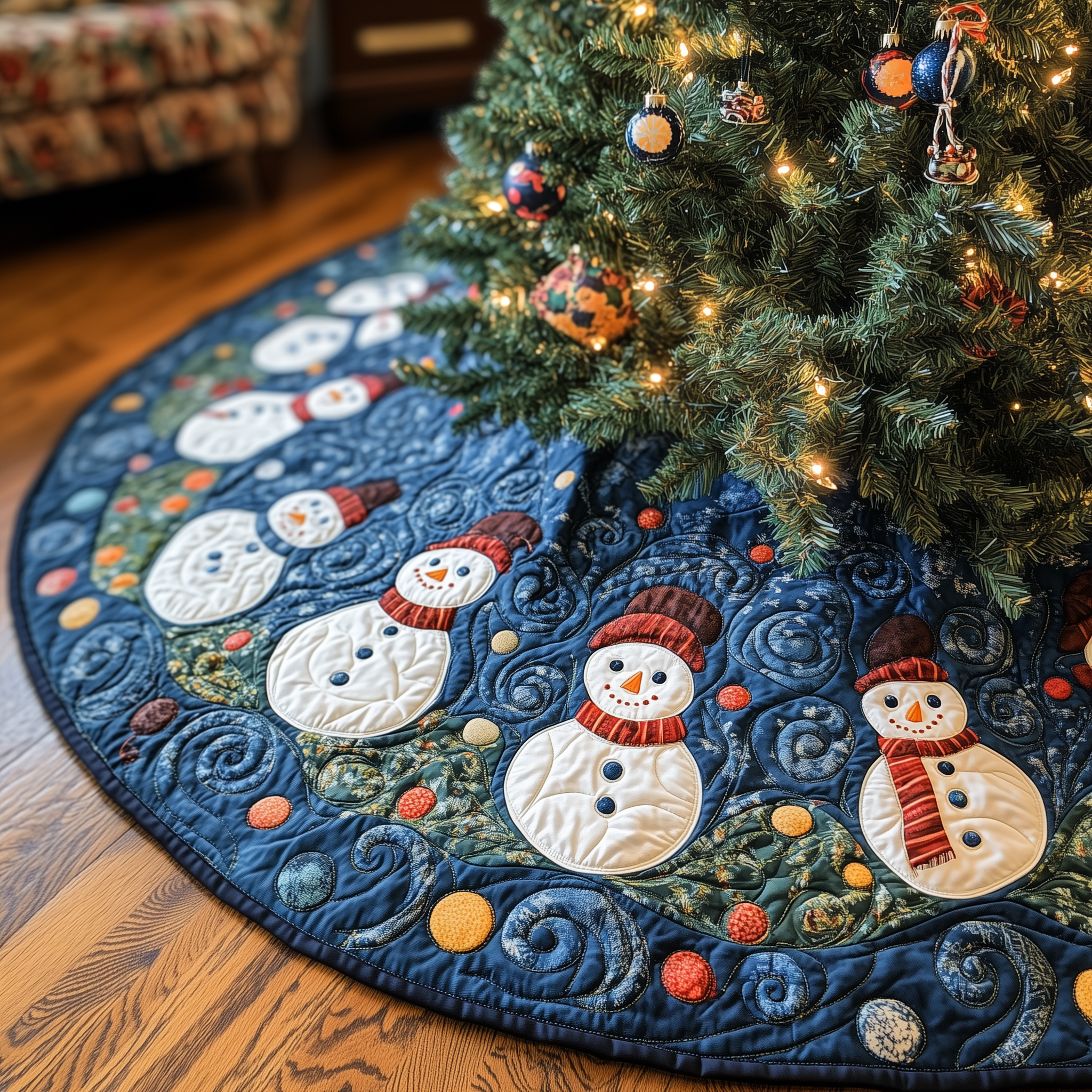 Swirls Snowmen Quilted Tree Skirt Charming Tree Skirt Gift Idea
