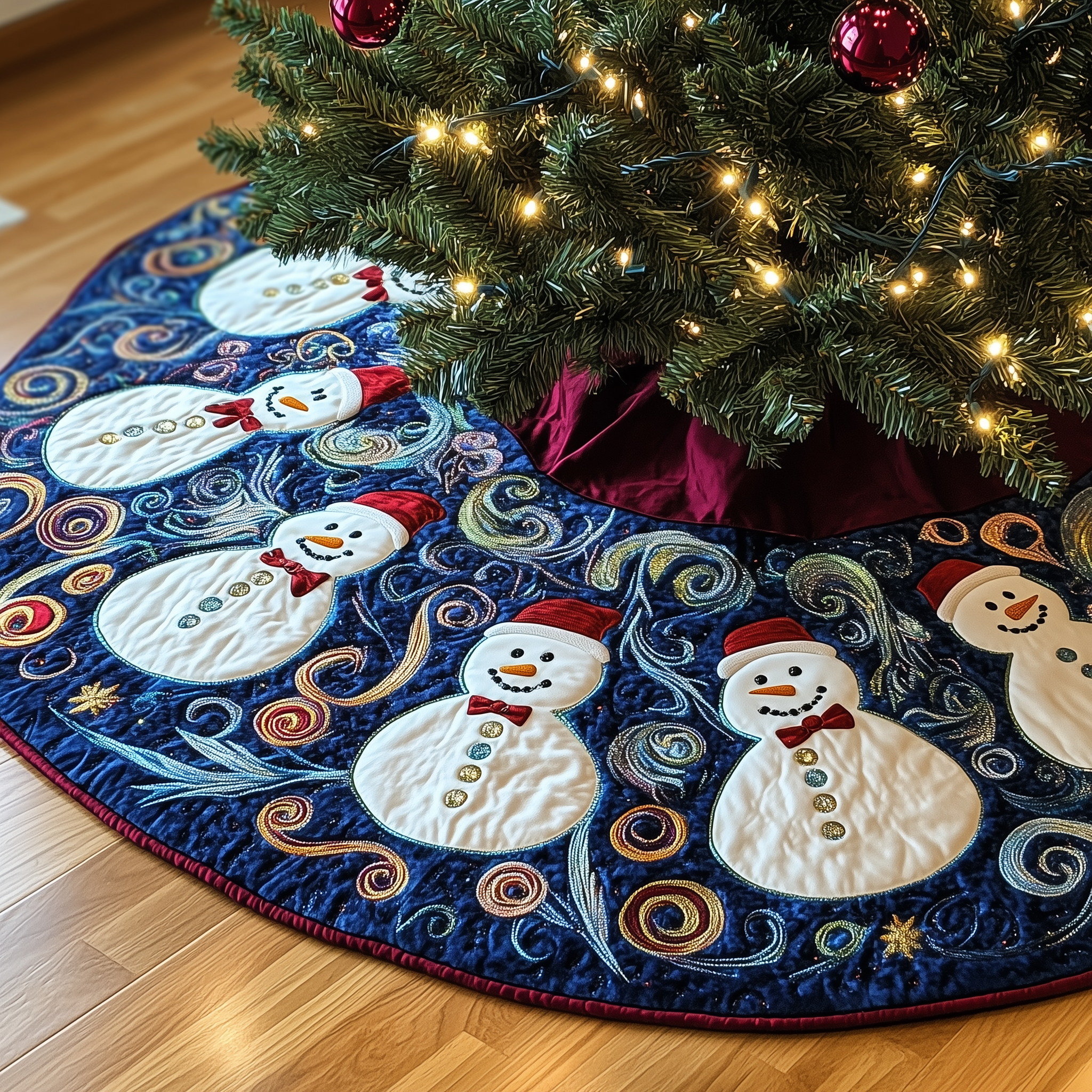 Swirls Snowmen Quilted Tree Skirt Hoilday Tree Skirt Xmas Tree Surround Base Cover Home  Christmas Decorations