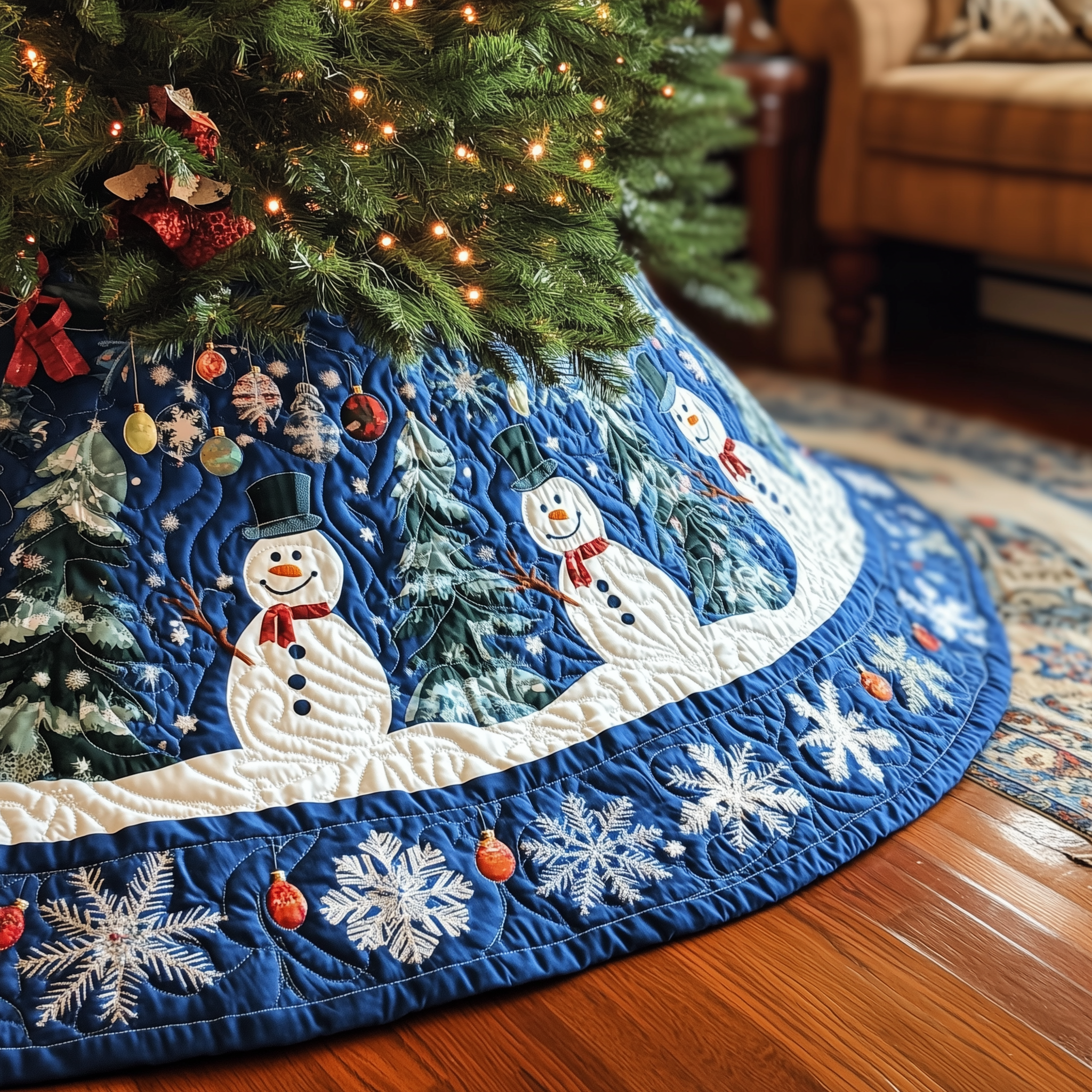 Swirls Snowmen Quilted Tree Skirt Hoilday Tree Skirt Xmas Tree Surround Base Cover Indoor Christmas Decorations