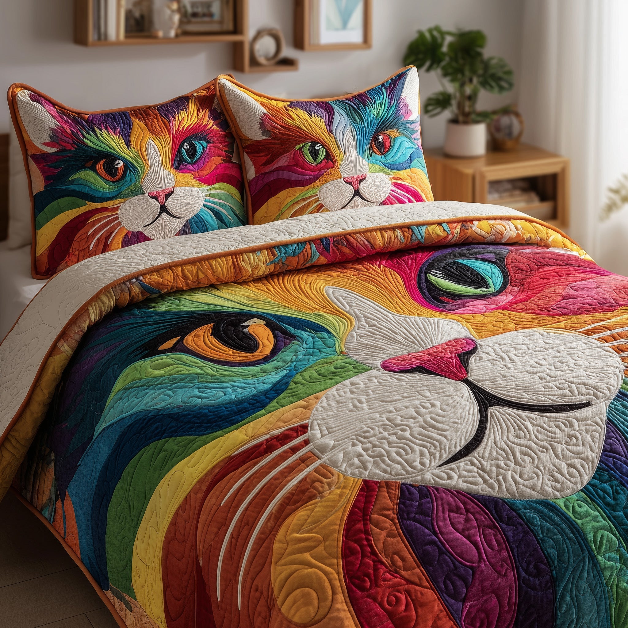 Swirly Cat Quilted Bedding Set Duvet Cover Bedspread Cat Themed Birthday Gifts