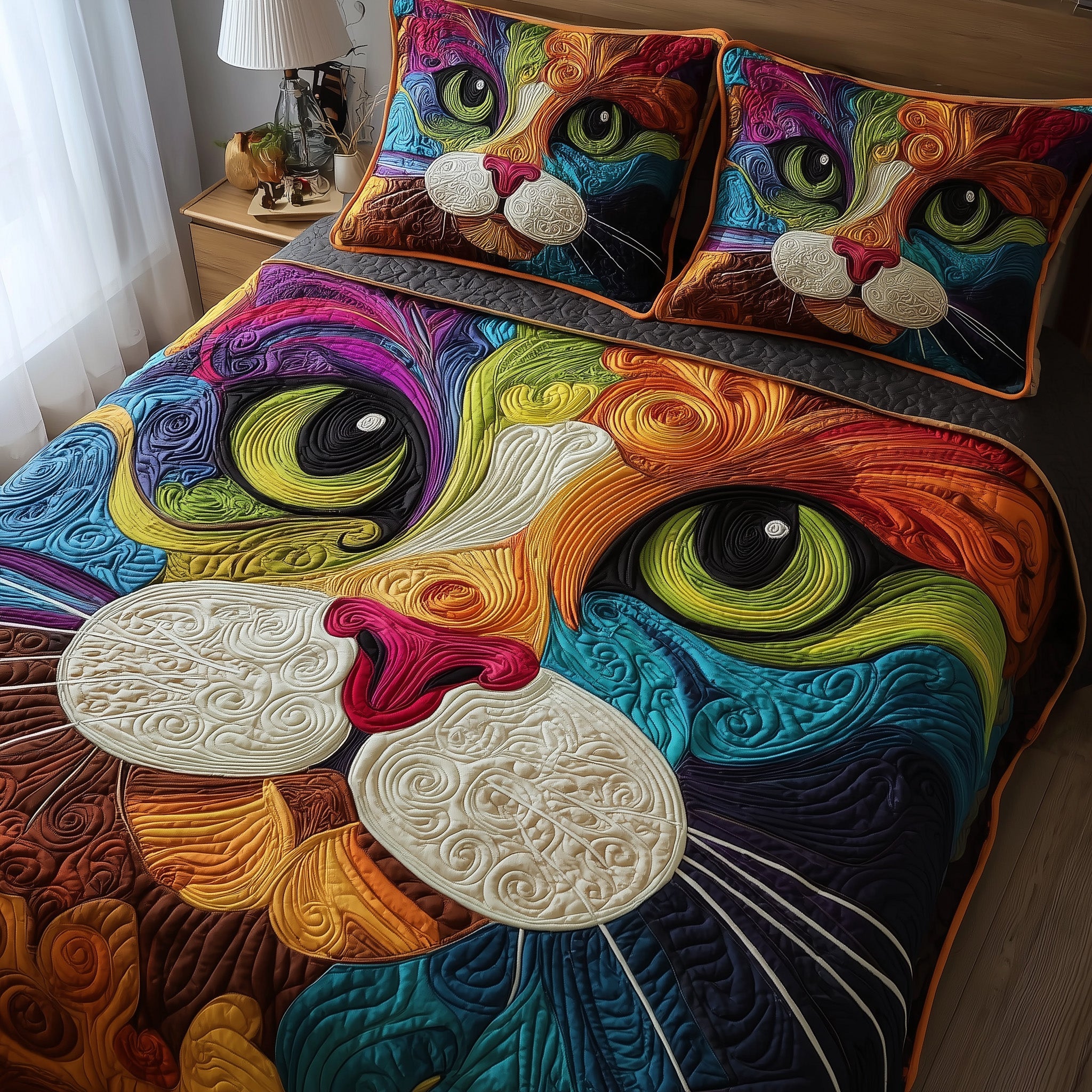 Swirly Cat Quilted Bedding Set Duvet Cover Bedspread Gift Baskets For Cat Lovers