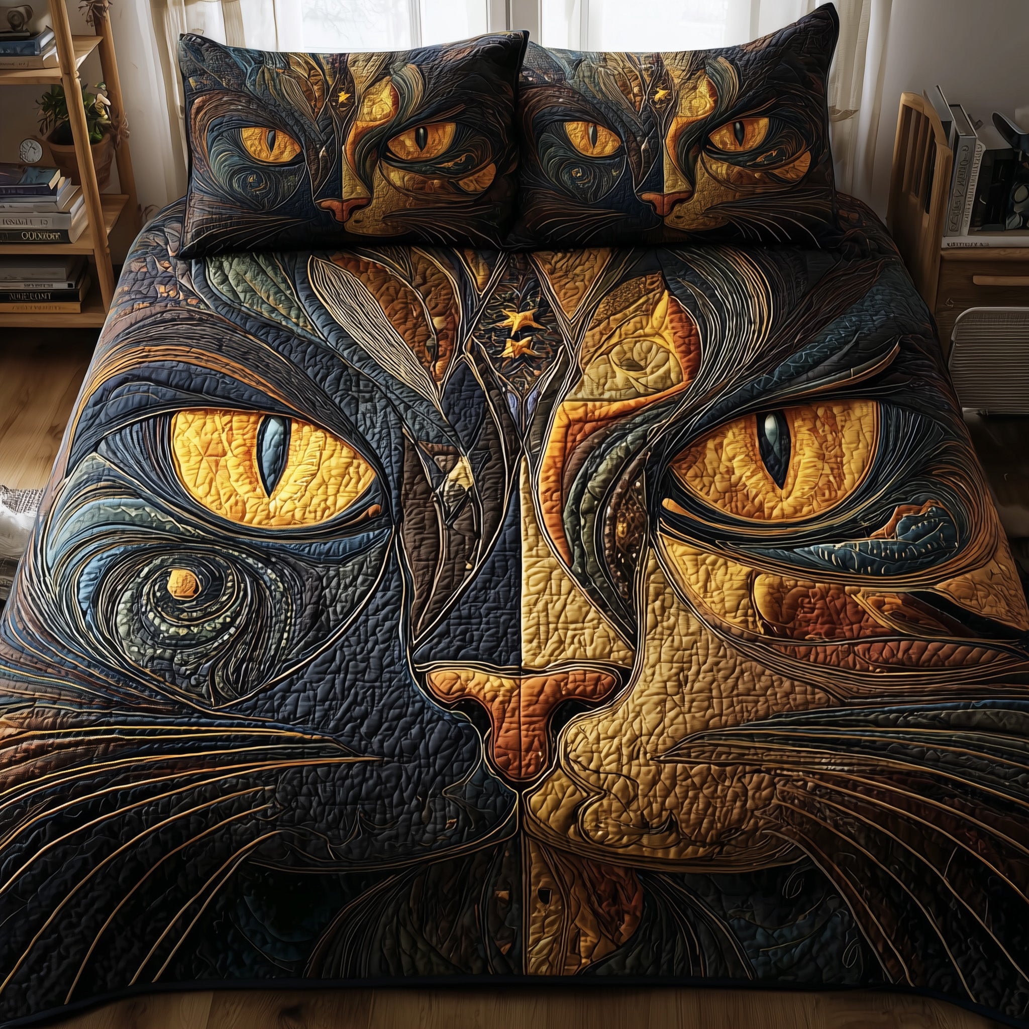 Swirly Cat Quilted Bedding Set Duvet Cover Bedspread Great Cat Lover Gifts