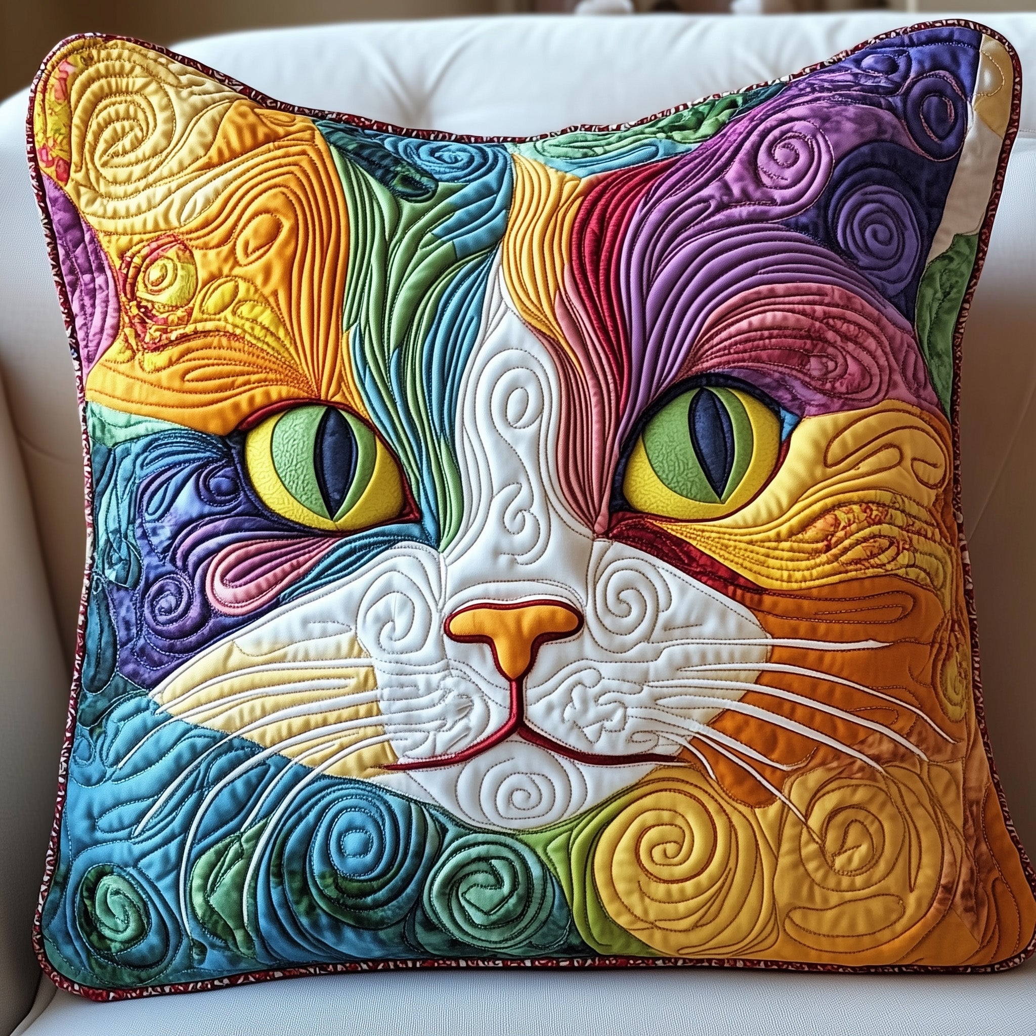 Swirly Cat Quilted Pillow Case Square Pillow Cushion CoverPresents For Cat Lovers Women