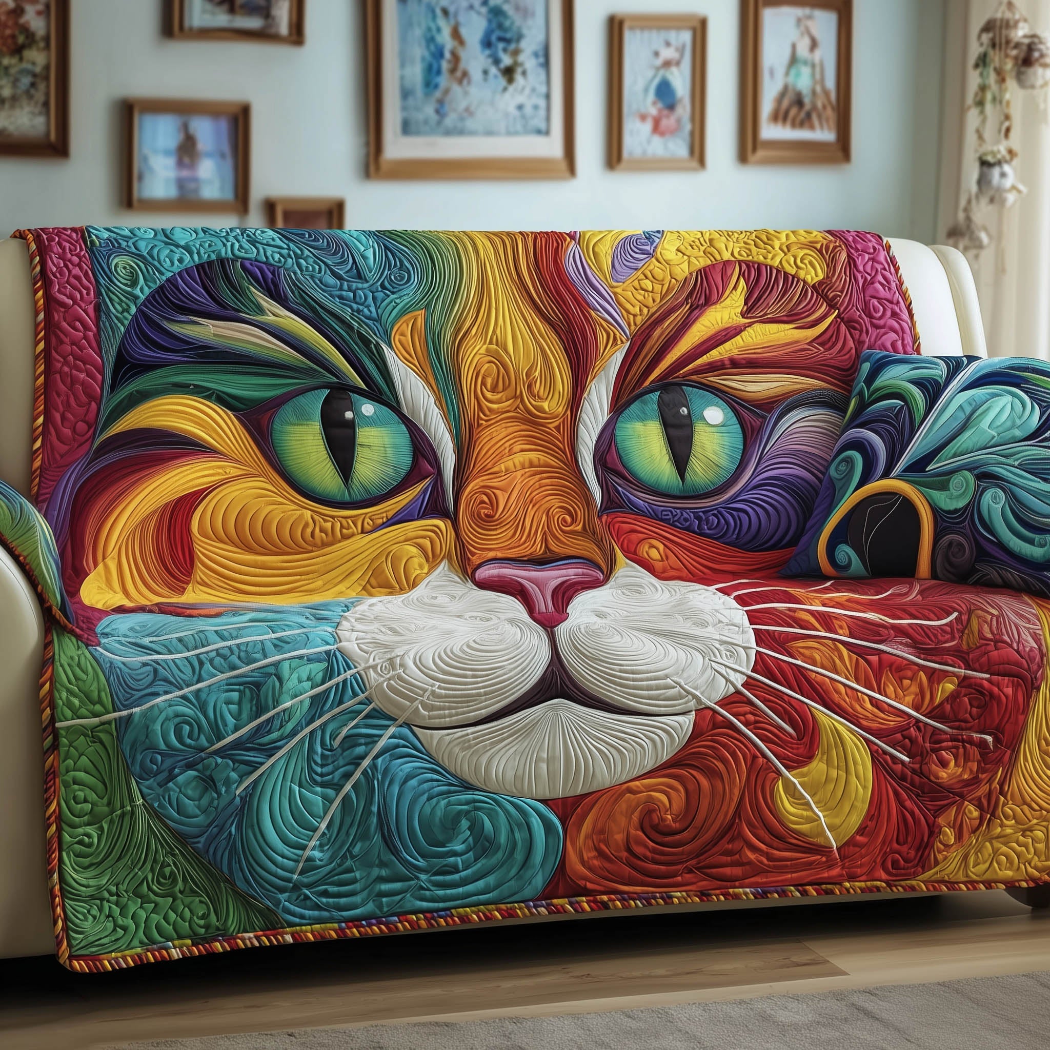 Swirly Cat Quilted Sofa Cover Artistic Swirling Kitten Protector Kitten Christmas Presents