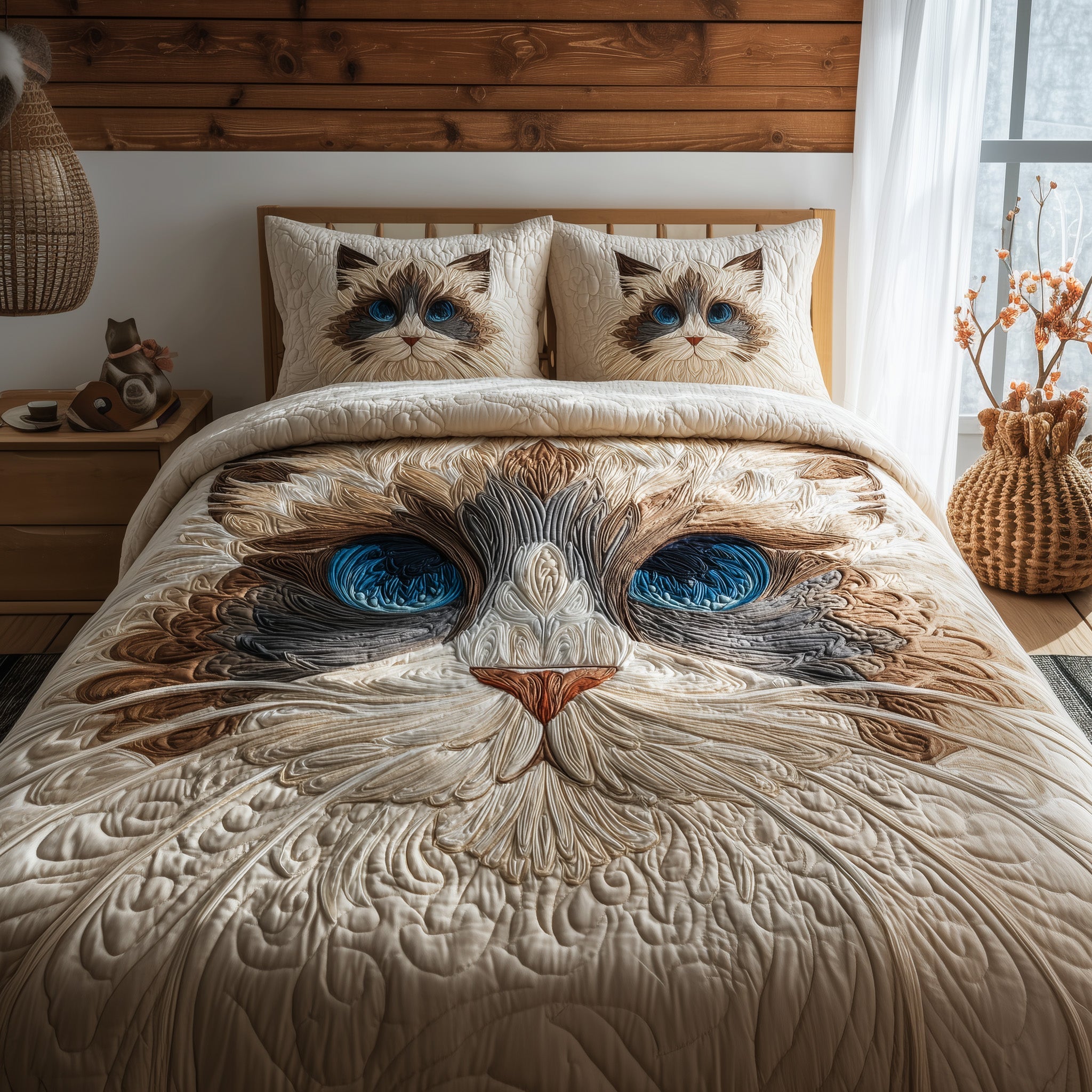 Swirly Catitude Quilted Bedding Set Breathable