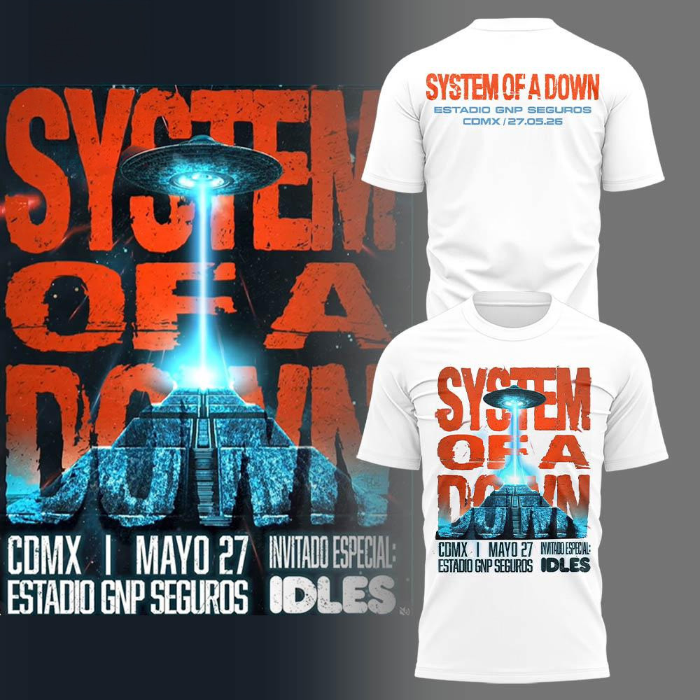 System Of A Down Estadio GNP Seguros CDMX 2026 White T-Shirt System Of A Down Merch