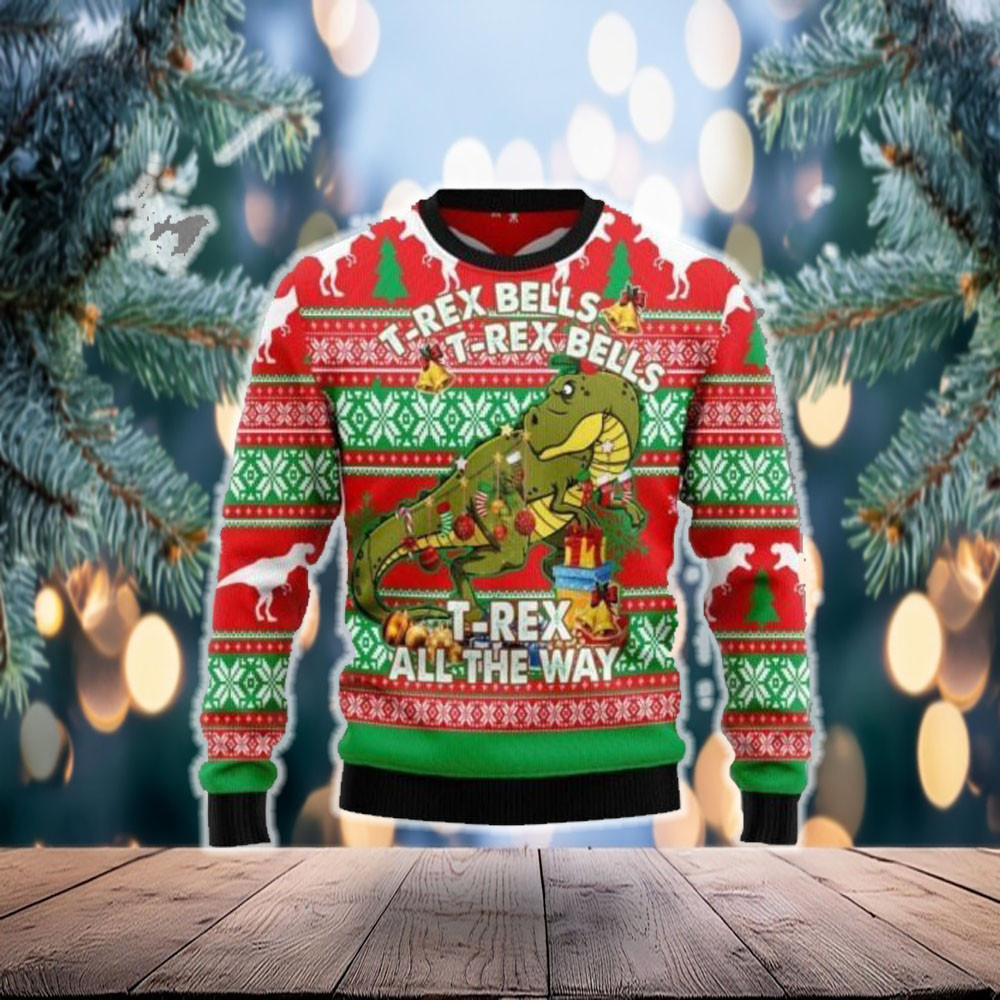 T-Rex All the Way Christmas Ugly Sweater Merry Dinosaur Gifts for Friends