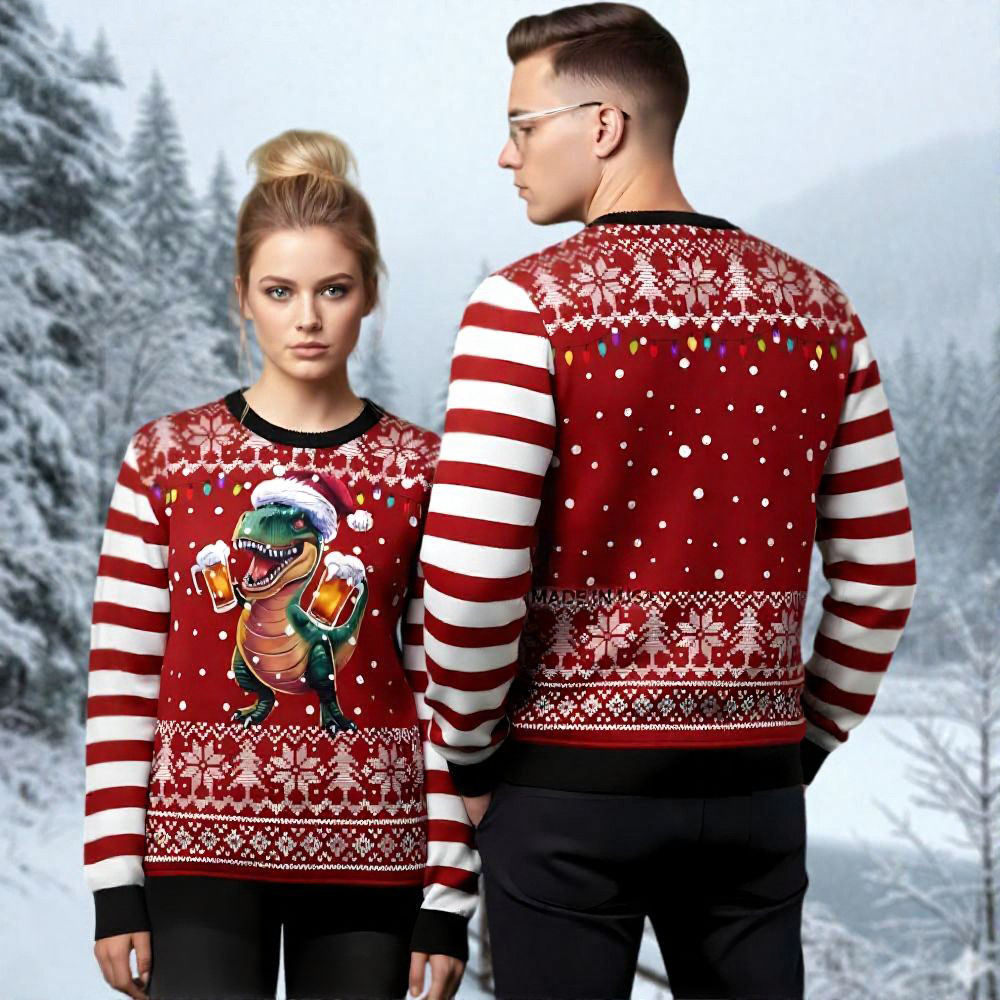 T Rex Dinosaur And Beer Ugly Christmas Sweater Christmas Themed Festive Wear Xmas Gift Ideas