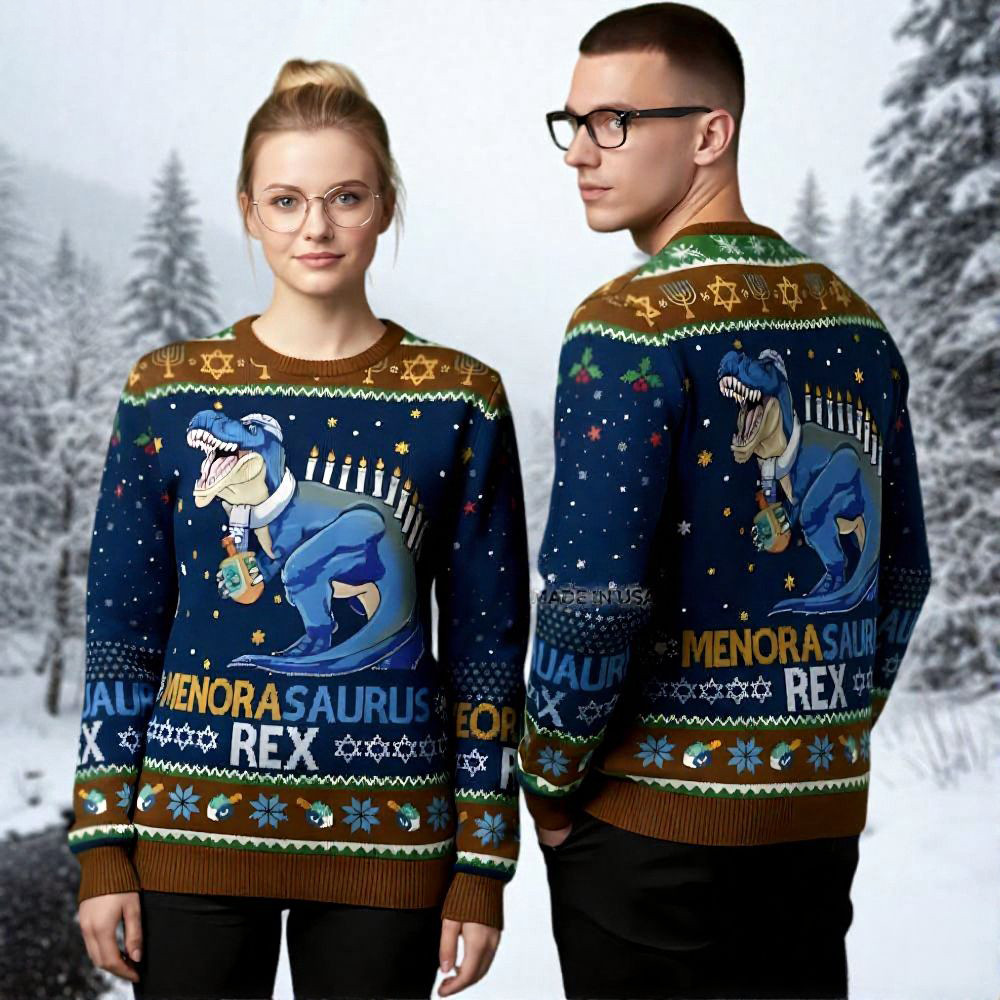 T Rex Dinosaur Hanukkah Ugly Christmas Sweater Animal Themed Festive Wear Xmas Presents