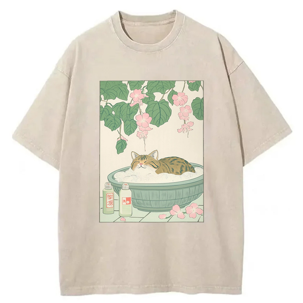Tabby Cat In Bathtub Japanese Bathroom Decor Washed T-Shirt Cool Urban Street Style Shirt Gifts For Besties