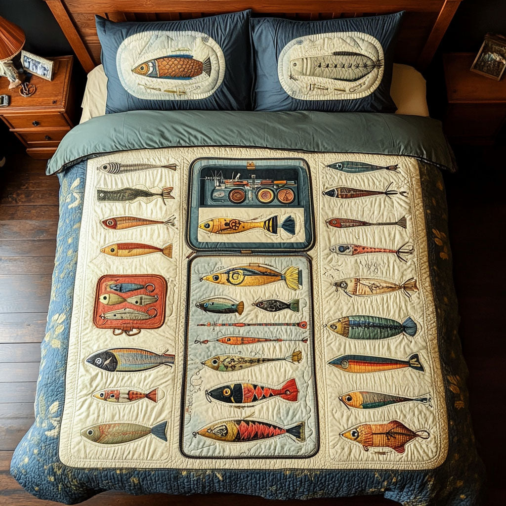 Tackle Box Treasures Quilted Bedding Set Aesthetic Room Decor Fishing Themed Gifts For Adults