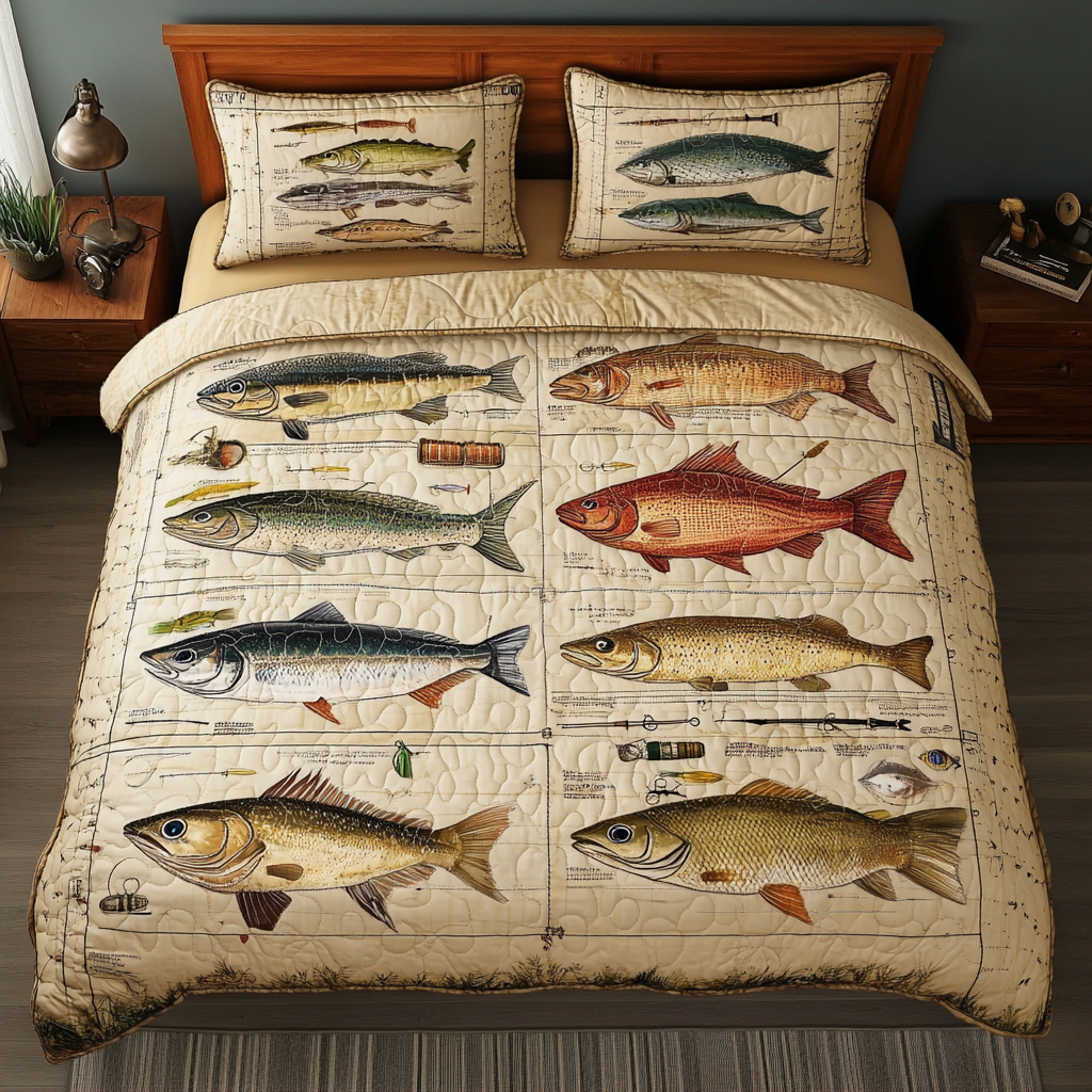 Tackle Time Quilted Bedding Set Holiday Duvet Covers Unique Gifts For Fishermen