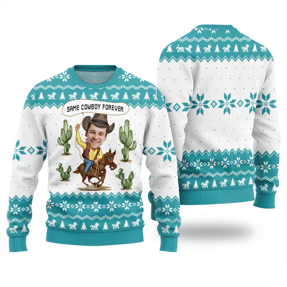 Tacky Holiday Sweater Custom Face Same Cowboy Forever Blue Holiday Sweaters For Men