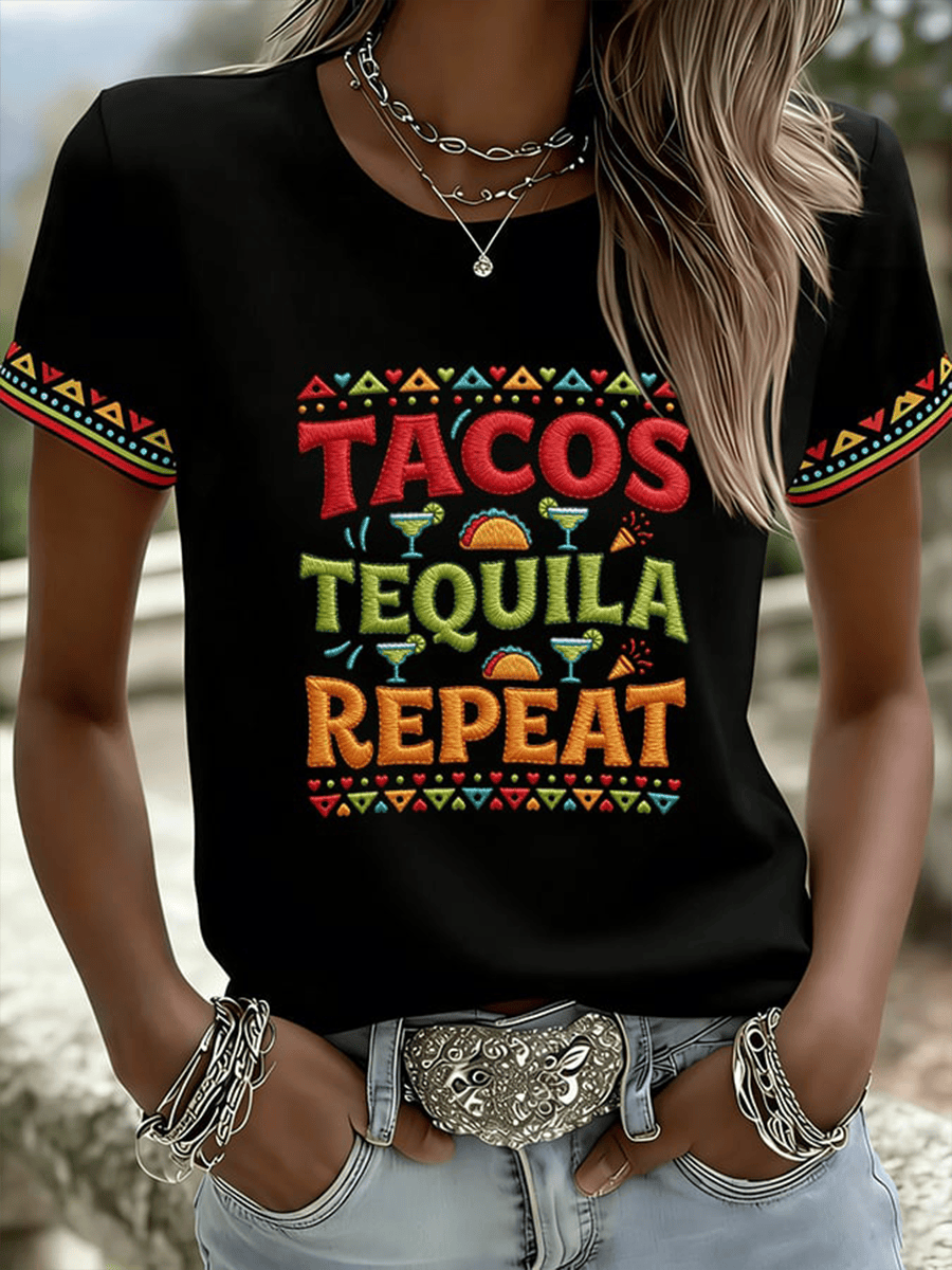 Tacos Tequila Repeat T-Shirt Mexico Festival Merch Holiday Gift Ideas For Family