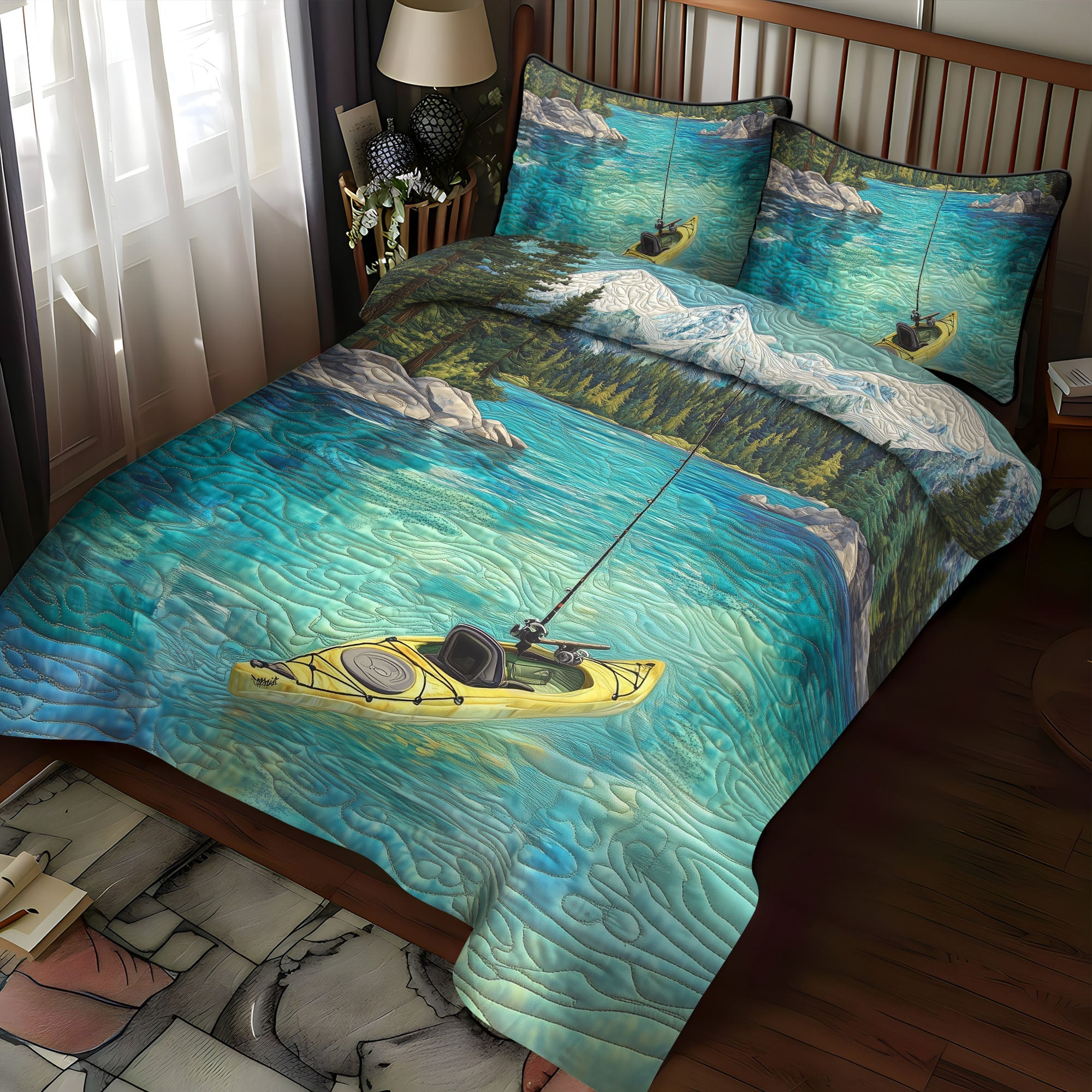 Tahoe Reflection Quilted Bedding Set Holiday Duvet Cover Set Best Fishing Christmas Gifts