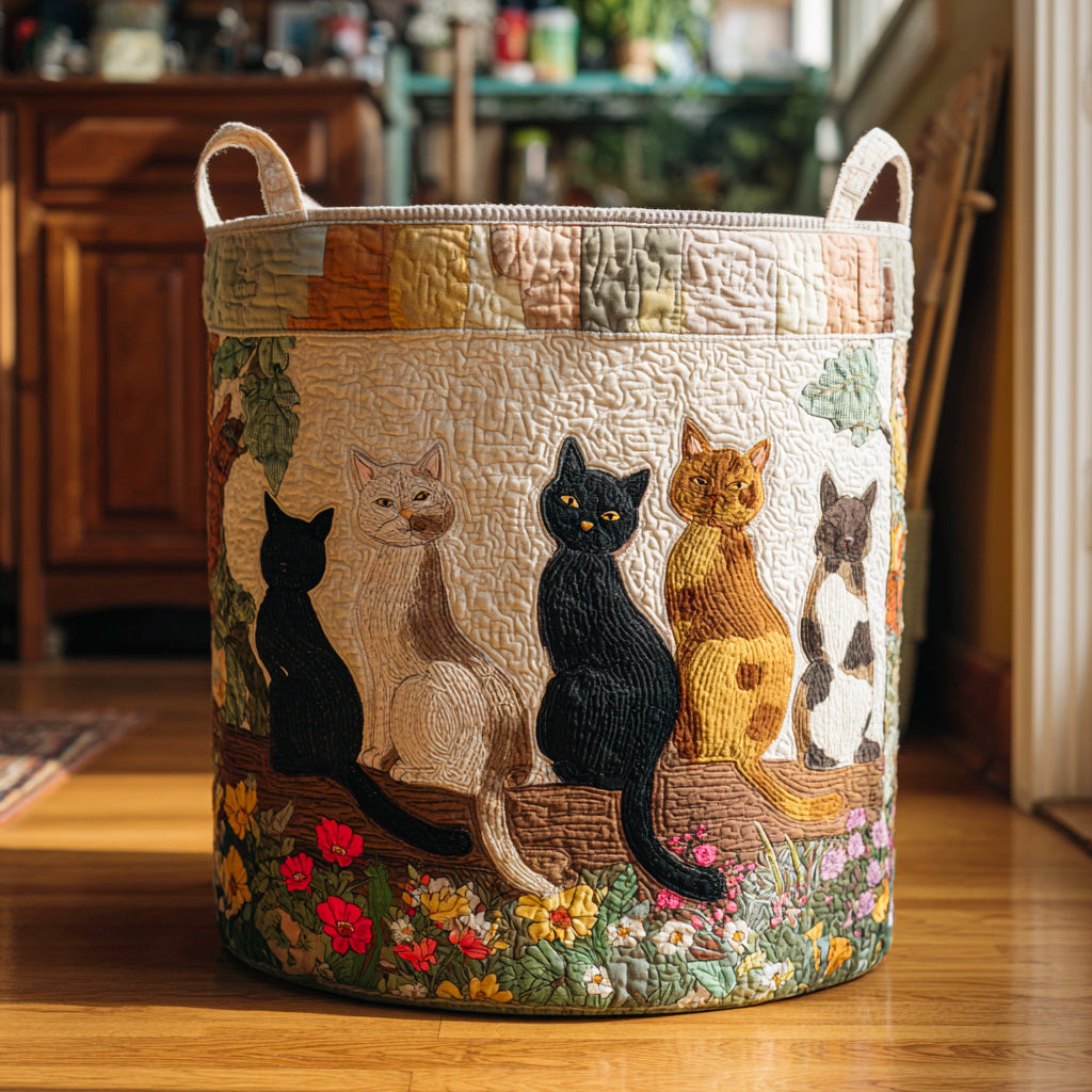 Tail Tucked Cats Quilted Laundry Basket Cozy Quilted Laundry Basket Gift for New Homeowners