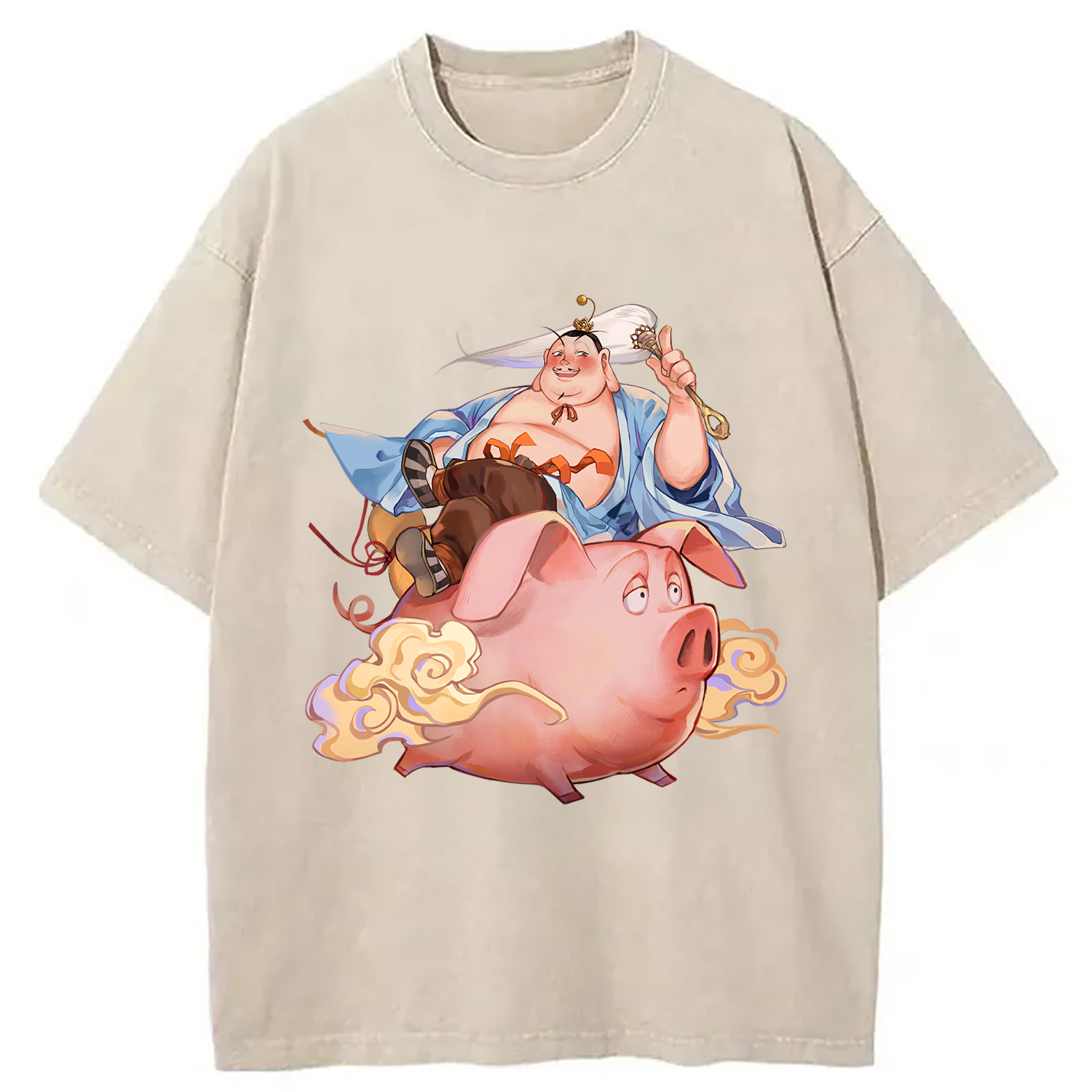 Taiyi Zhenren Rides Pig Anime Art Design Washed T-Shirt Classic Graphic Fashion Tee Gifts For Best Friend