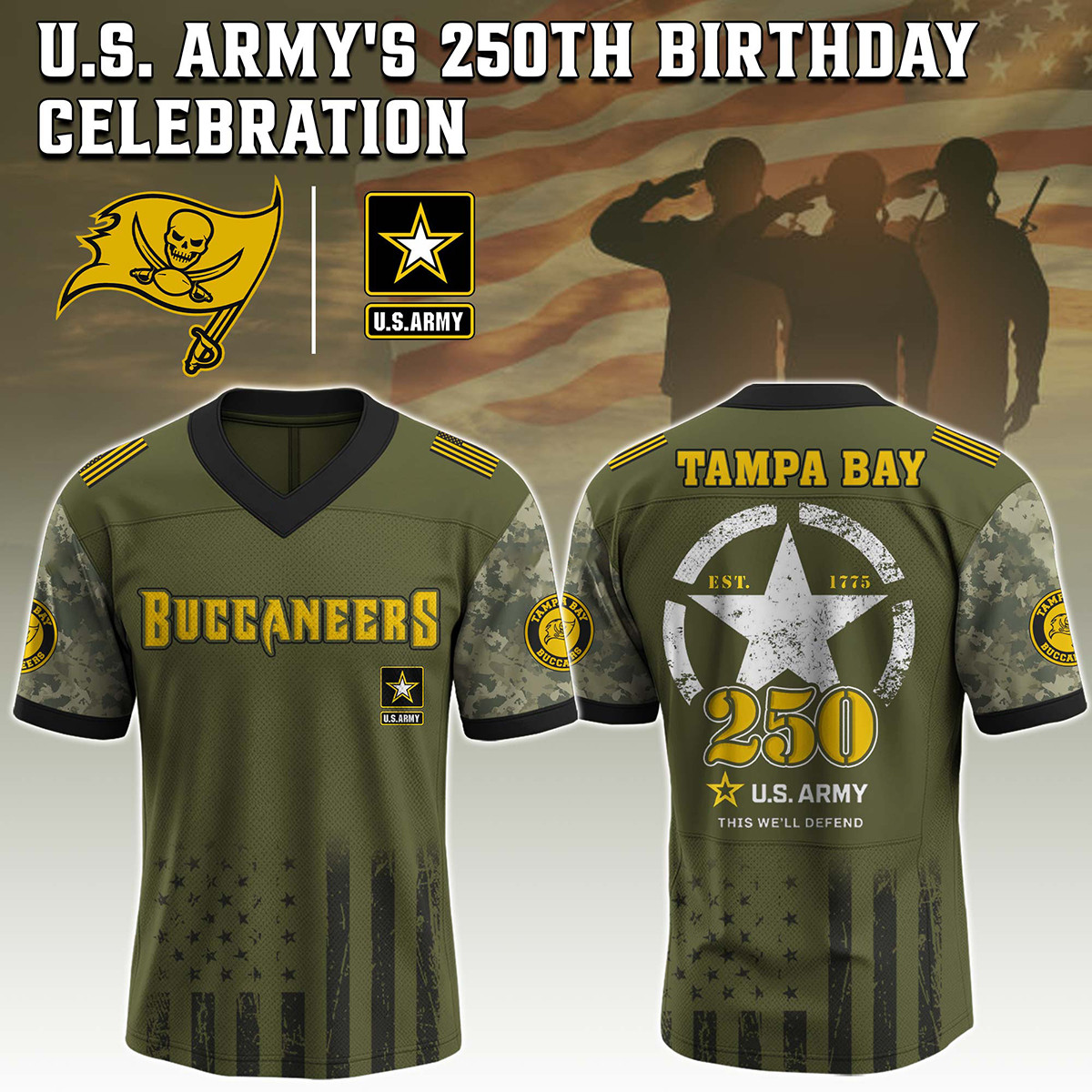 Tampa Bay Buccaneers US Army 250th Anniversary Football Jersey V-Neck Perfect Gift For Bucs Fans