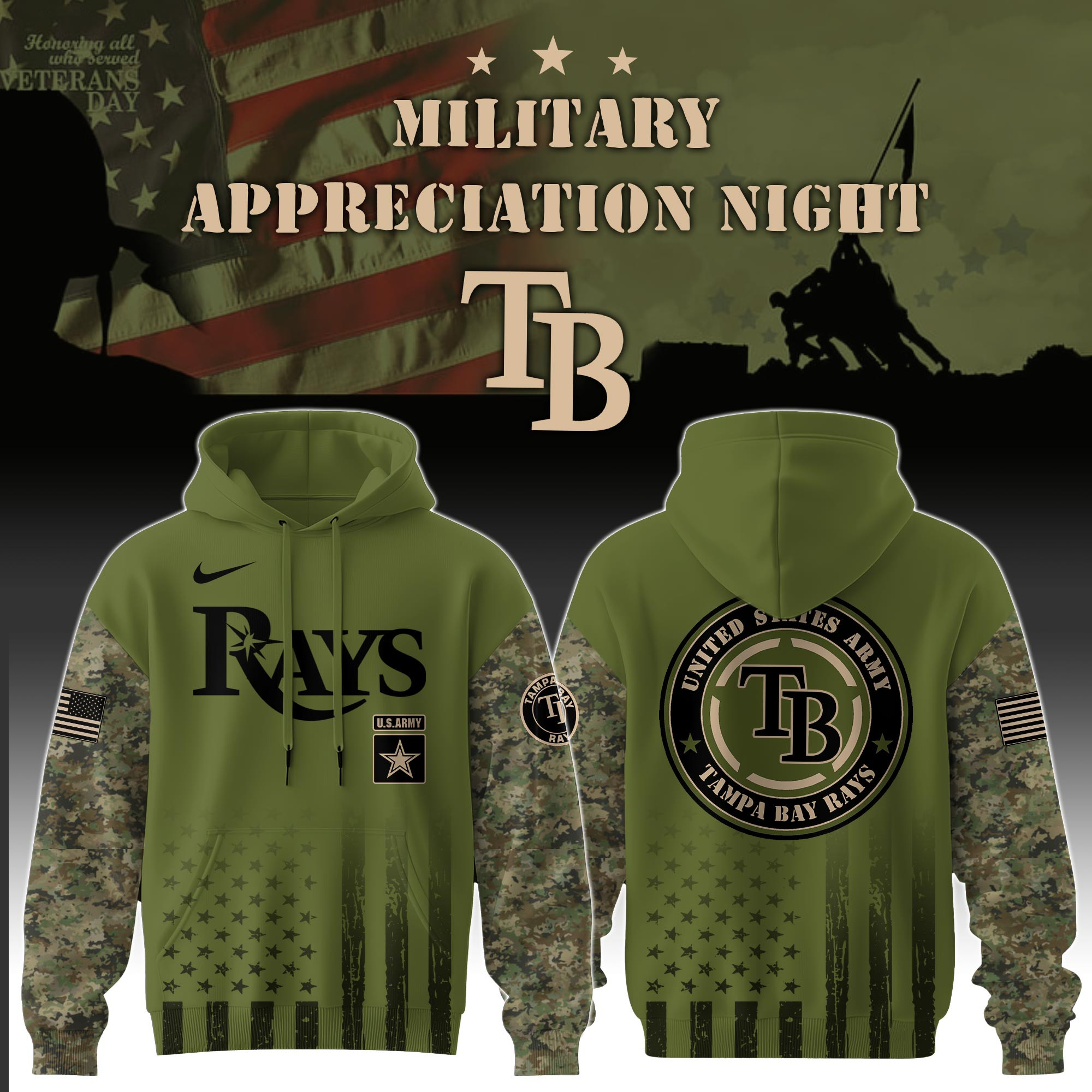 Tampa Bay Rays x US Army Camo Hoodie Military Appreciation Night 2025 Gifts For Army man