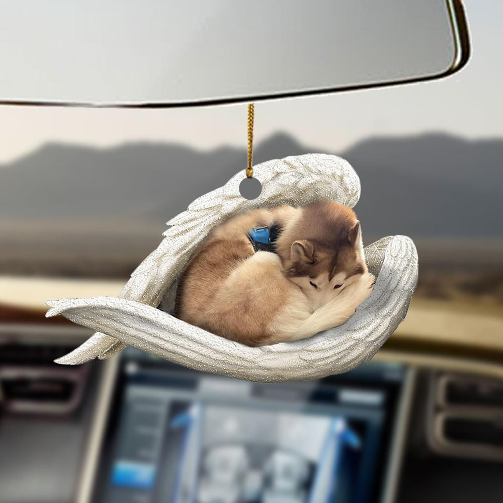 Tan and white husky sleeping angel dog lover ornament cus tjl