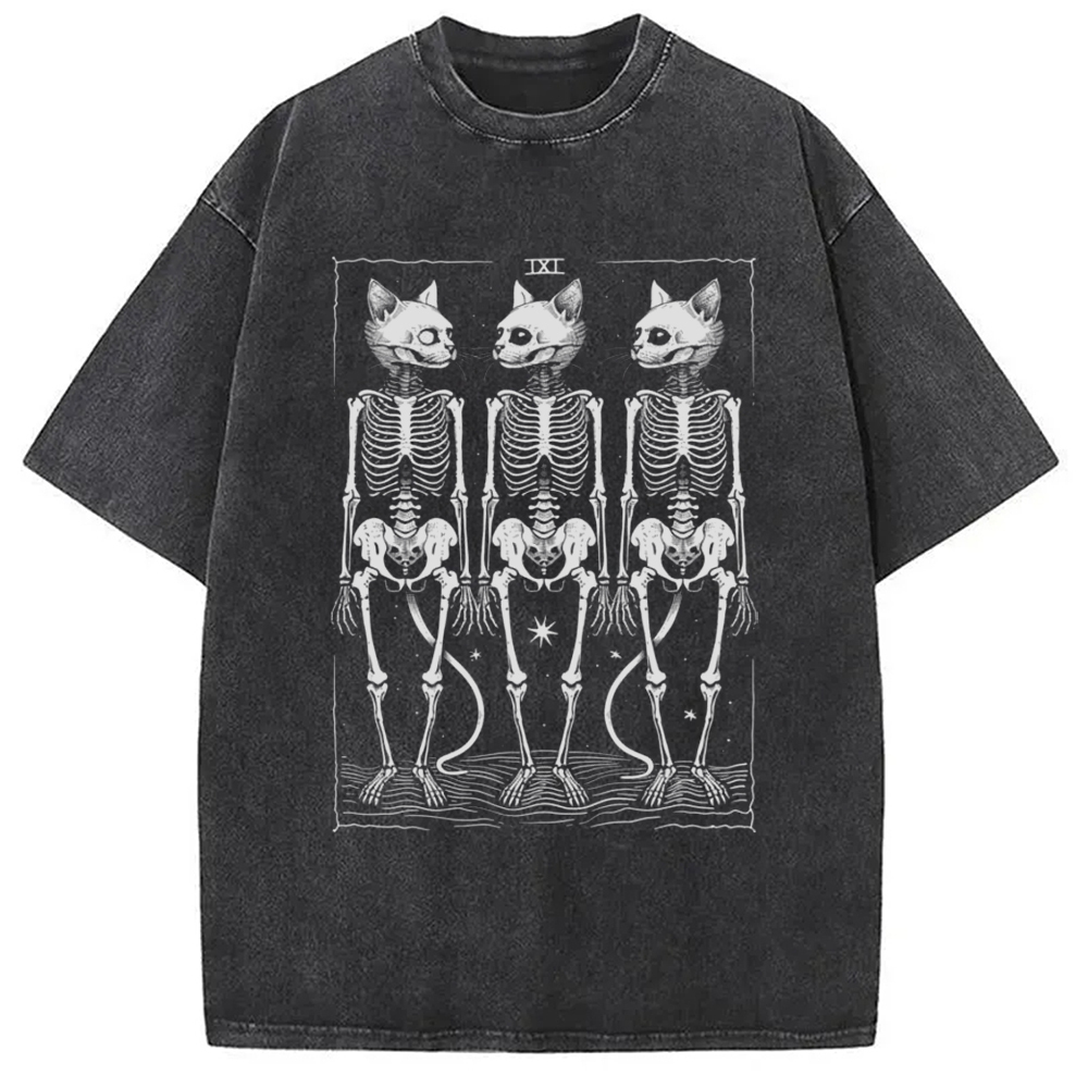 Tarot Cat Skeleton Washed T-Shirt Soft Comfortable Daily T Shirt Gifts For Him