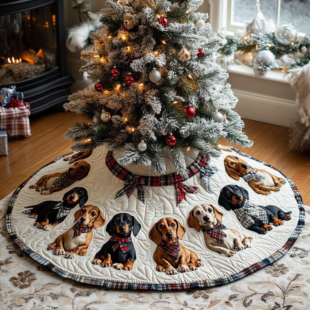 Tartan Doxie Cheer Quilted Christmas Tree Skirt Lovely Holiday Tree Skirt for Festive Vibes