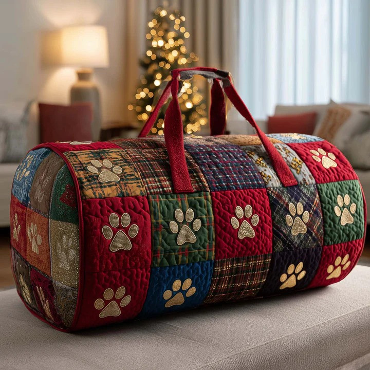 Tartan Paw Print Christmas Quilted Duffle Bag Holiday Pet Travel Bag Best Gift For Dog Owners