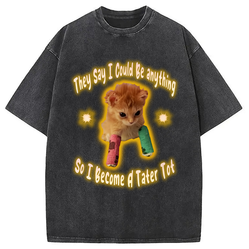 Tater Tot Cat Funny Meme Washed T-Shirt Cool Urban Street Style Shirt Gifts For Sister
