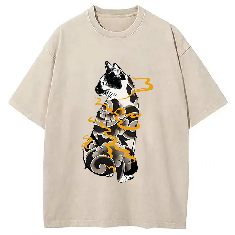 Tattoo Cat Washed T-Shirt Classic Graphic Fashion Tee Gifts For Her