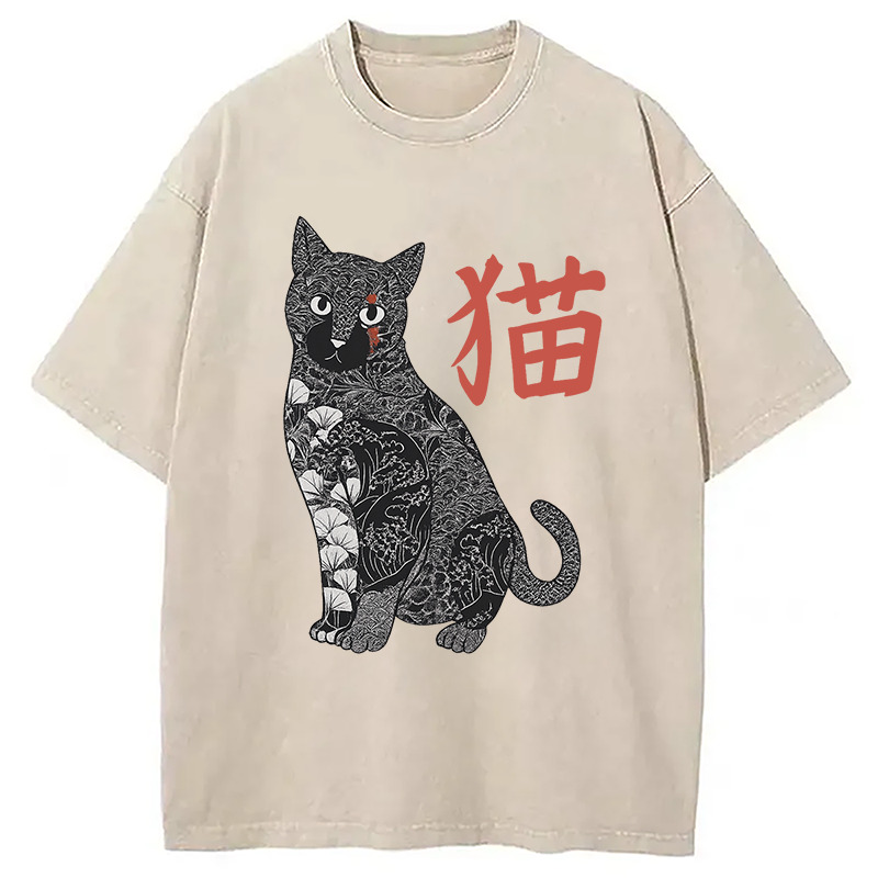 Tattooed Cat Japanese Vintage Washed T-Shirt Classic Graphic Fashion Tee Gifts For Her