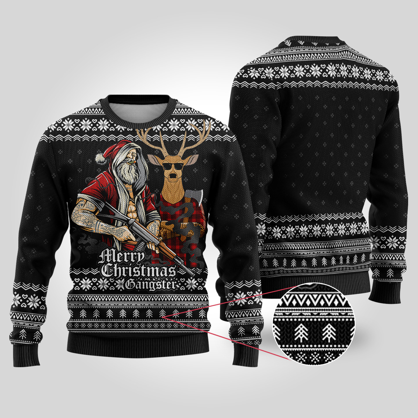 Tattooed Santa Black Funny Ugly Christmas Sweater Funny Holiday Sweater for Family Gatherings