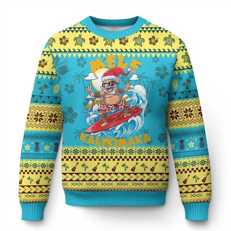 Tattooed Santa Surfing Mele Kalikimaka Ugly Christmas Sweater Tropical Jumper Surfing Gifts