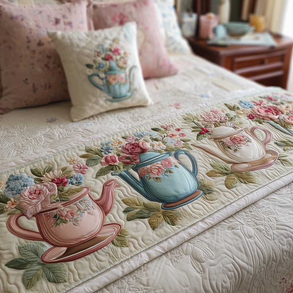 Tea Blossom Quilted Bed Runner Cozy Bedroom Decor Cool Gifts For Tea Lovers