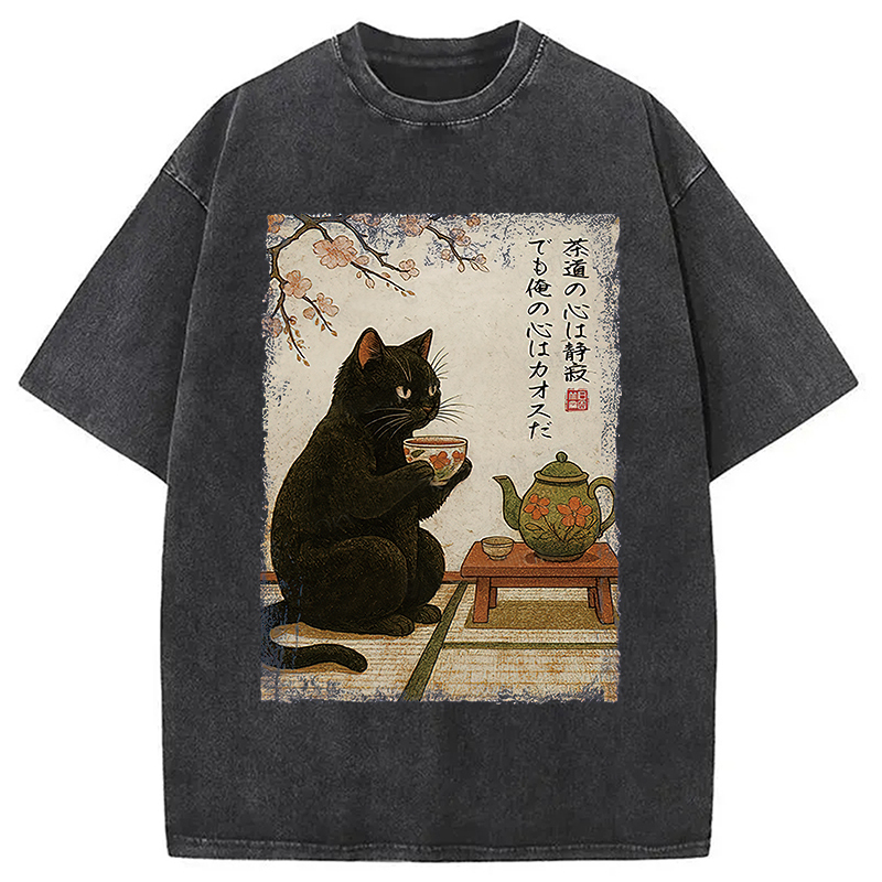 Tea Time With A Black Cat Washed T-Shirt Soft Comfortable Daily T Shirt Gifts For BFF Tea Time With A Black Cat Washed T-Shirt Soft Comfortable Daily T Shirt Gifts For BFF