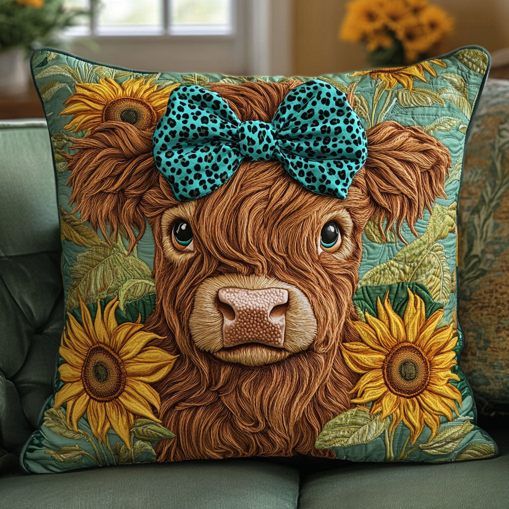 Teal Bow Moo Quilted Pillow Case Throw Pillow Case Covers Best Highland Cattle Gifts Items